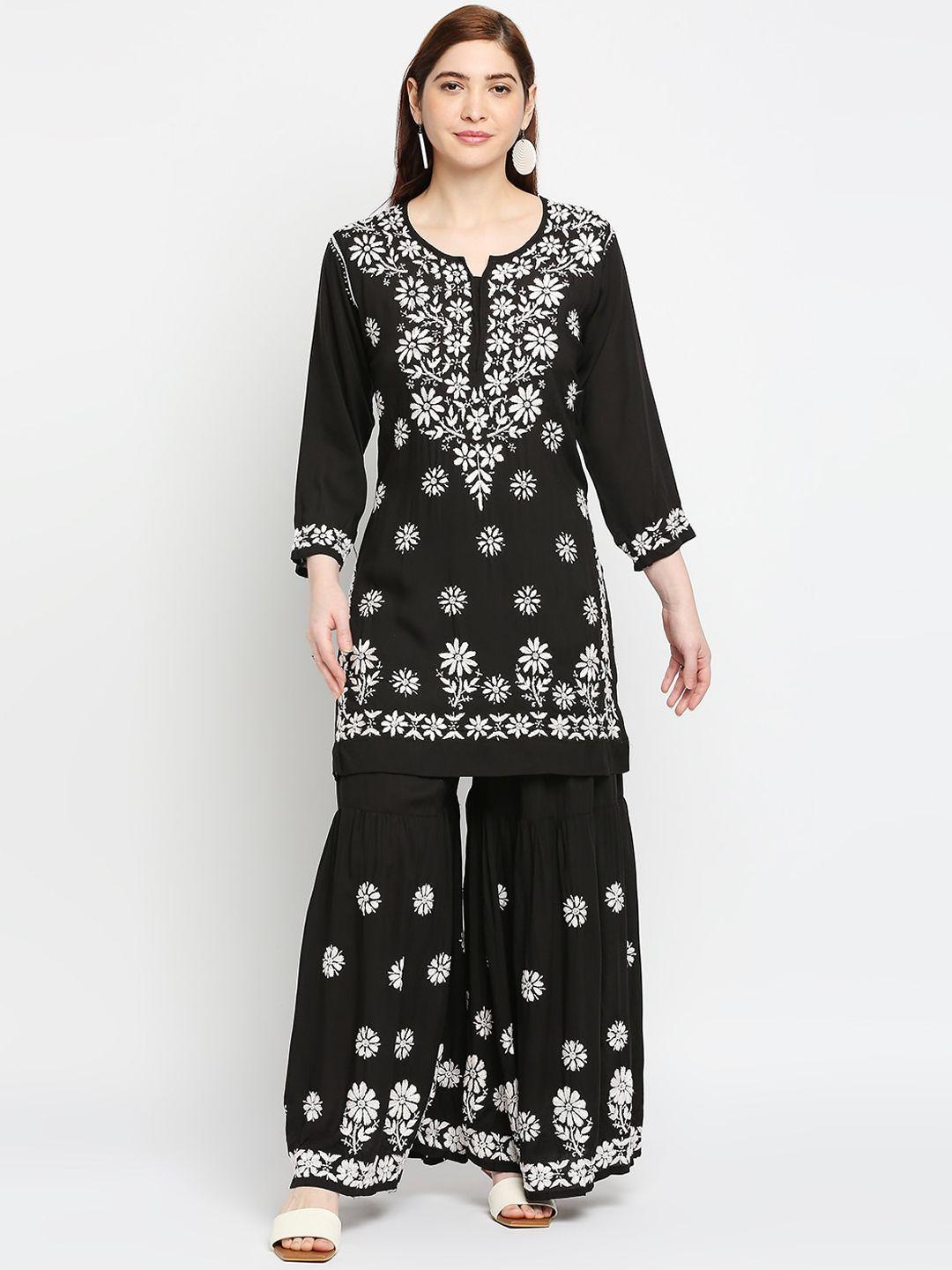 indiankala4u women black floral embroidered chikankari kurti with sharara