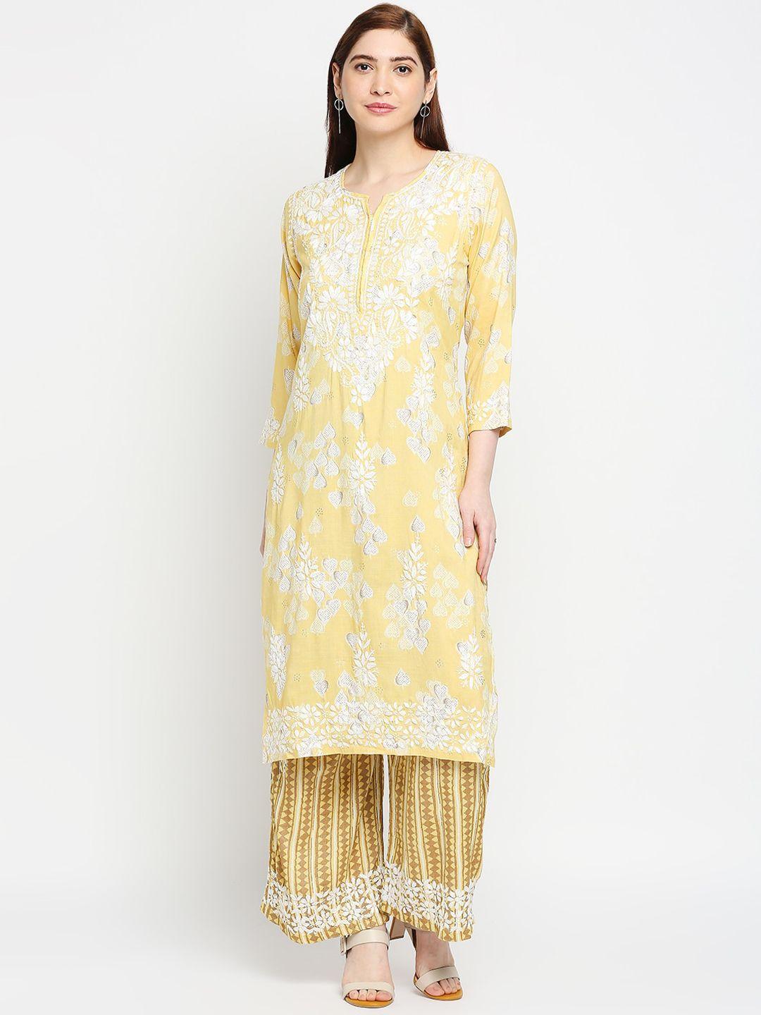 indiankala4u women yellow chikankari embroidered kurta with palazzo