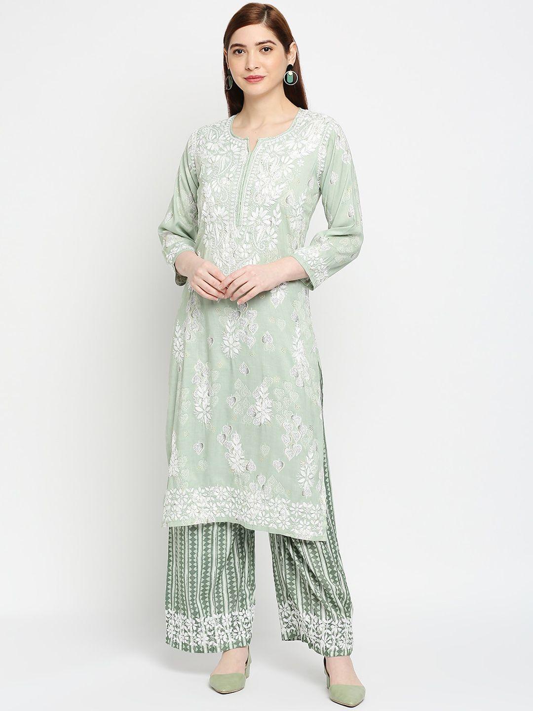 indiankala4u women green floral embroidered chikankari kurti with sharara