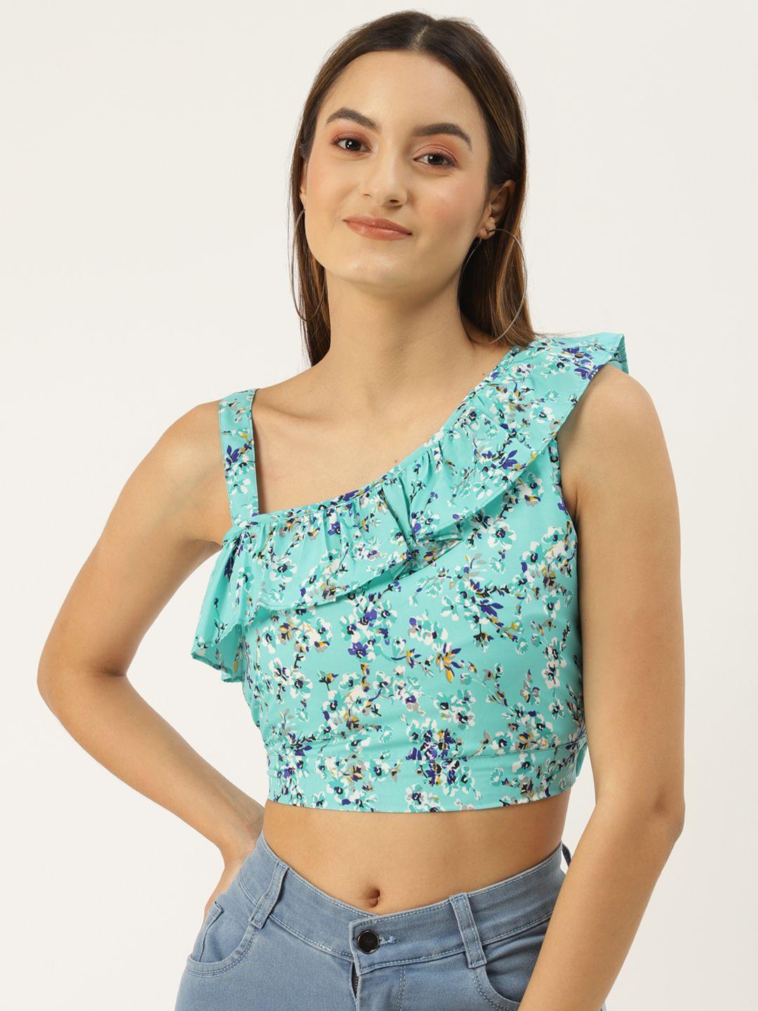 brinns turquoise blue floral print one shoulder ruffles crepe crop top