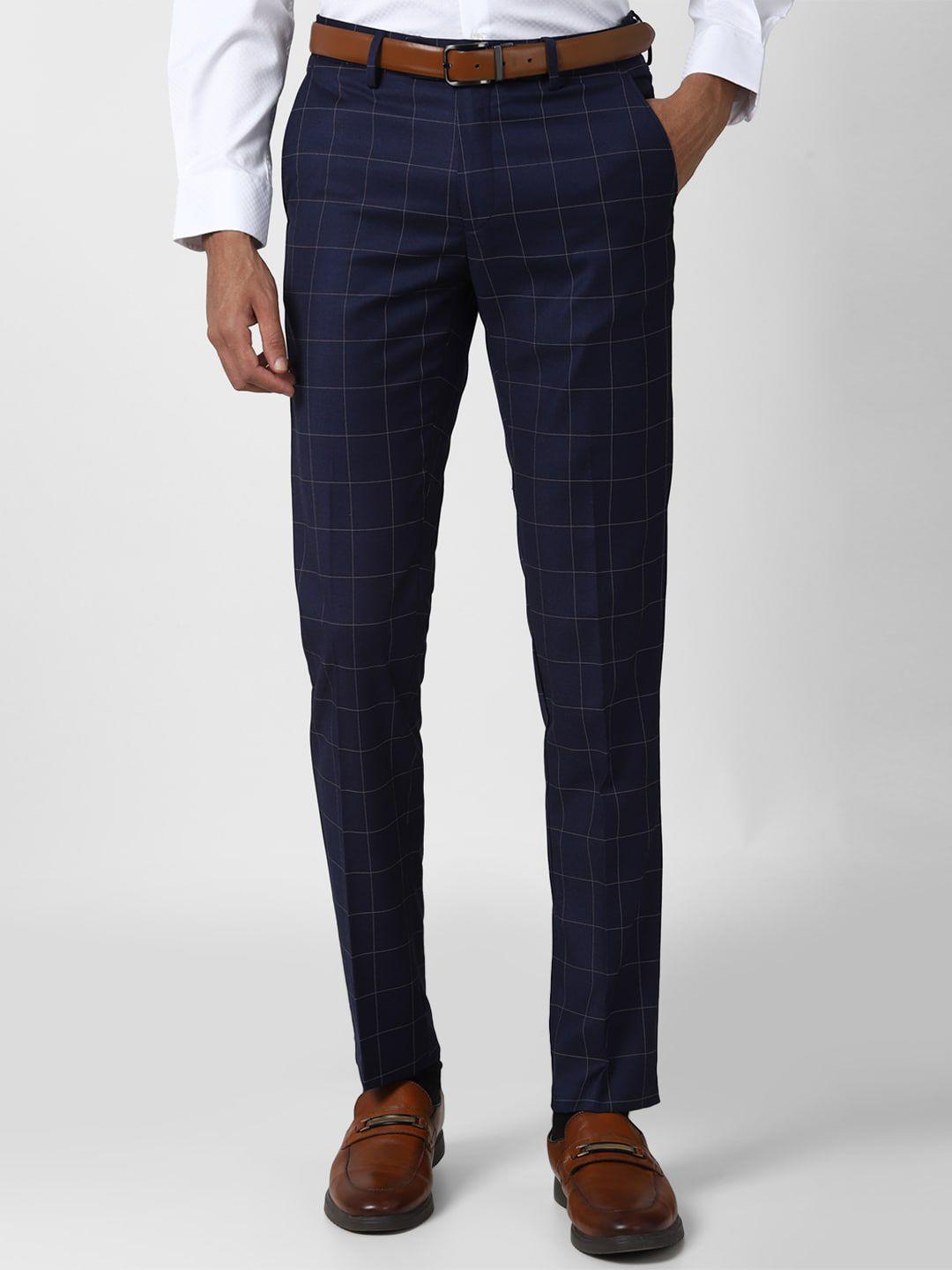 peter england elite men navy blue checked slim fit pleated trousers