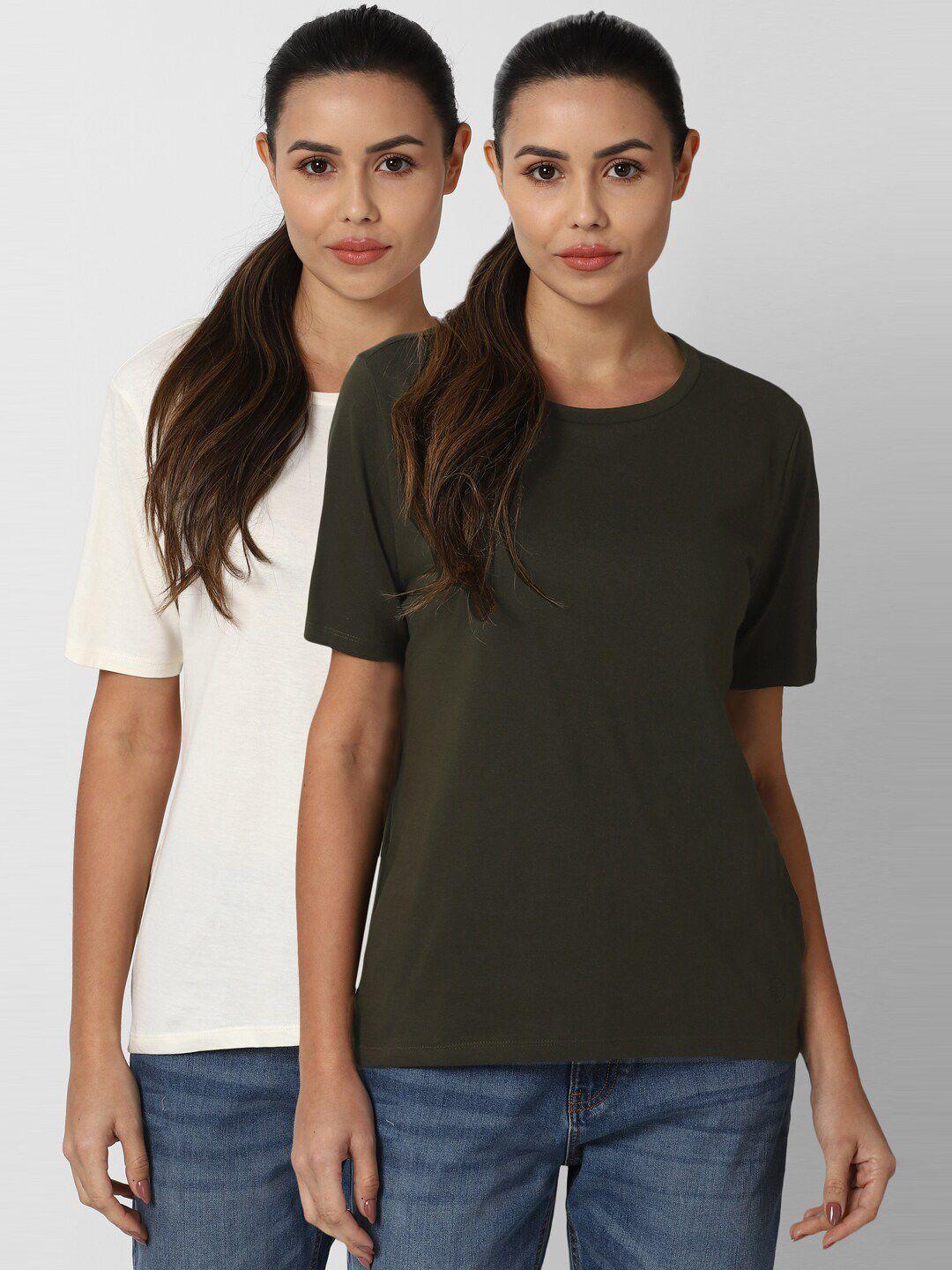 van heusen woman pack of 2 off white & green solid pure cotton round neck regular top