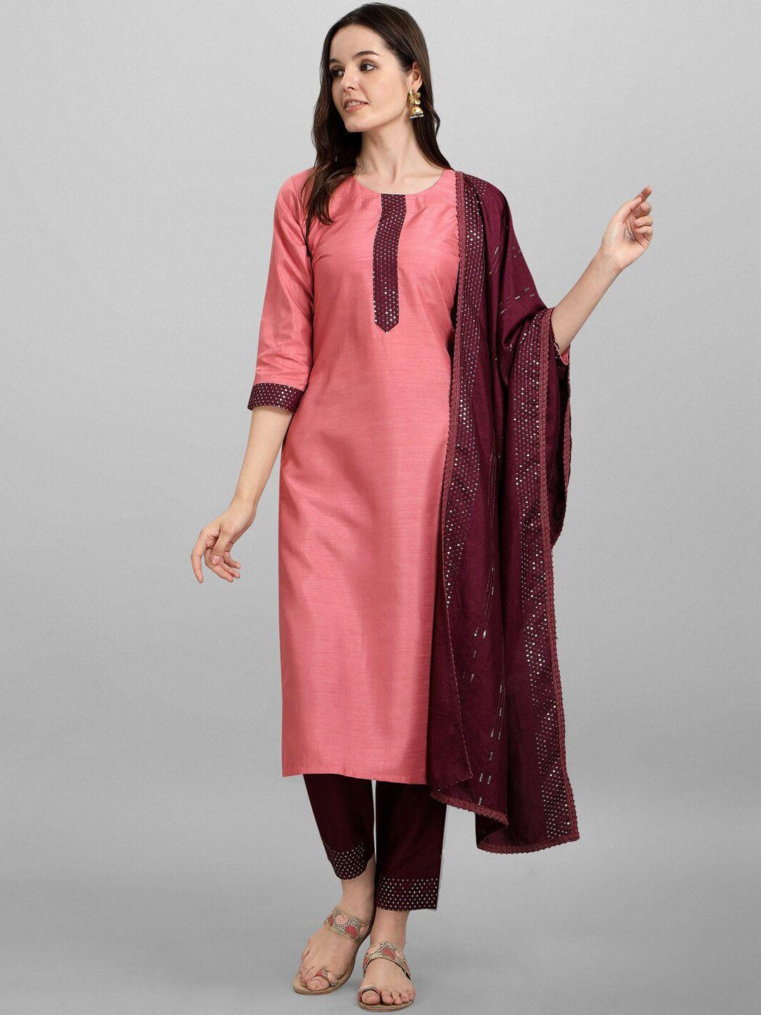 heemara women pink colourblocked raw silk kurta with trousers & with dupatta