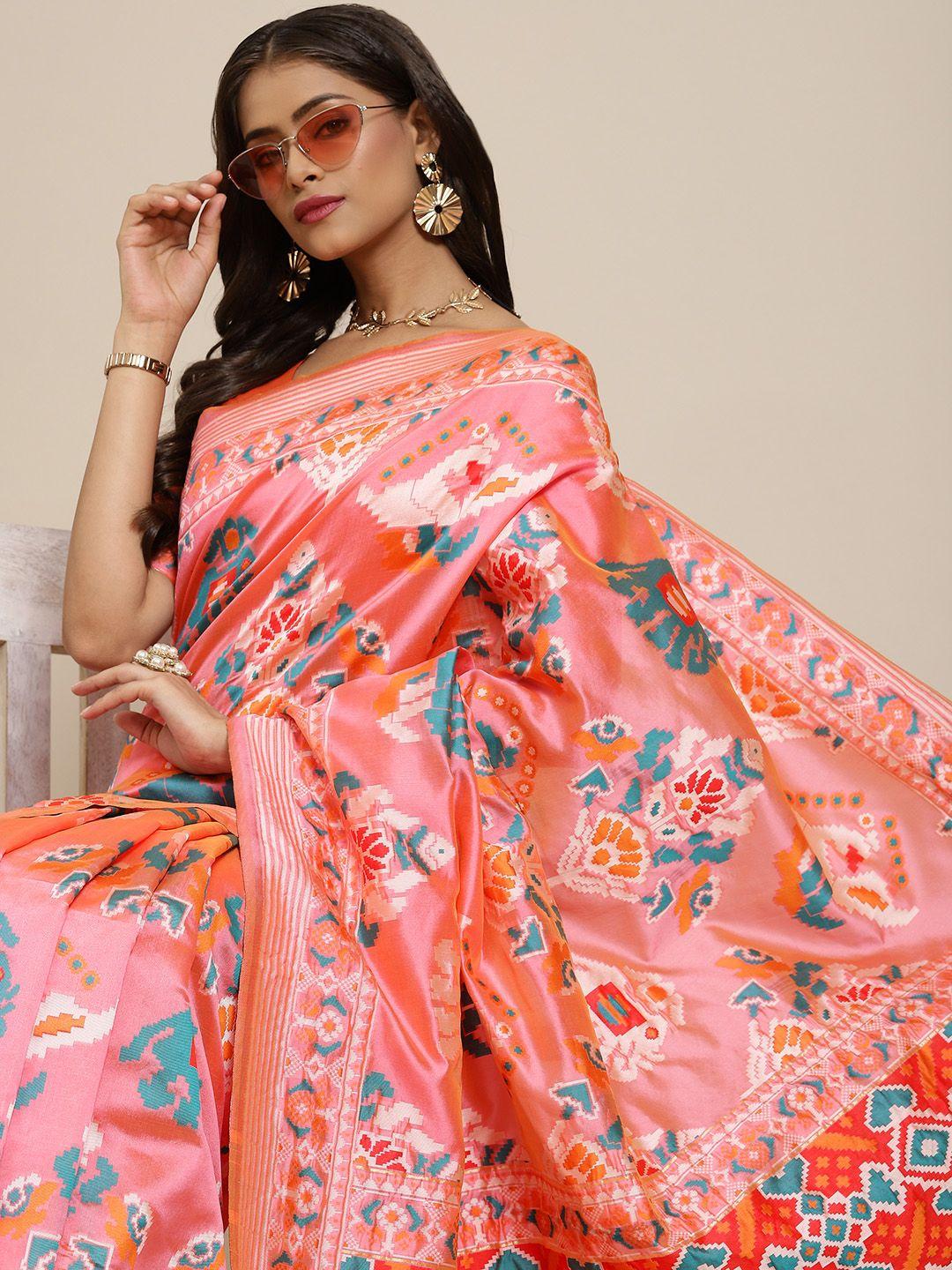 shubhvastra pink & orange ethnic motifs woven design patola saree