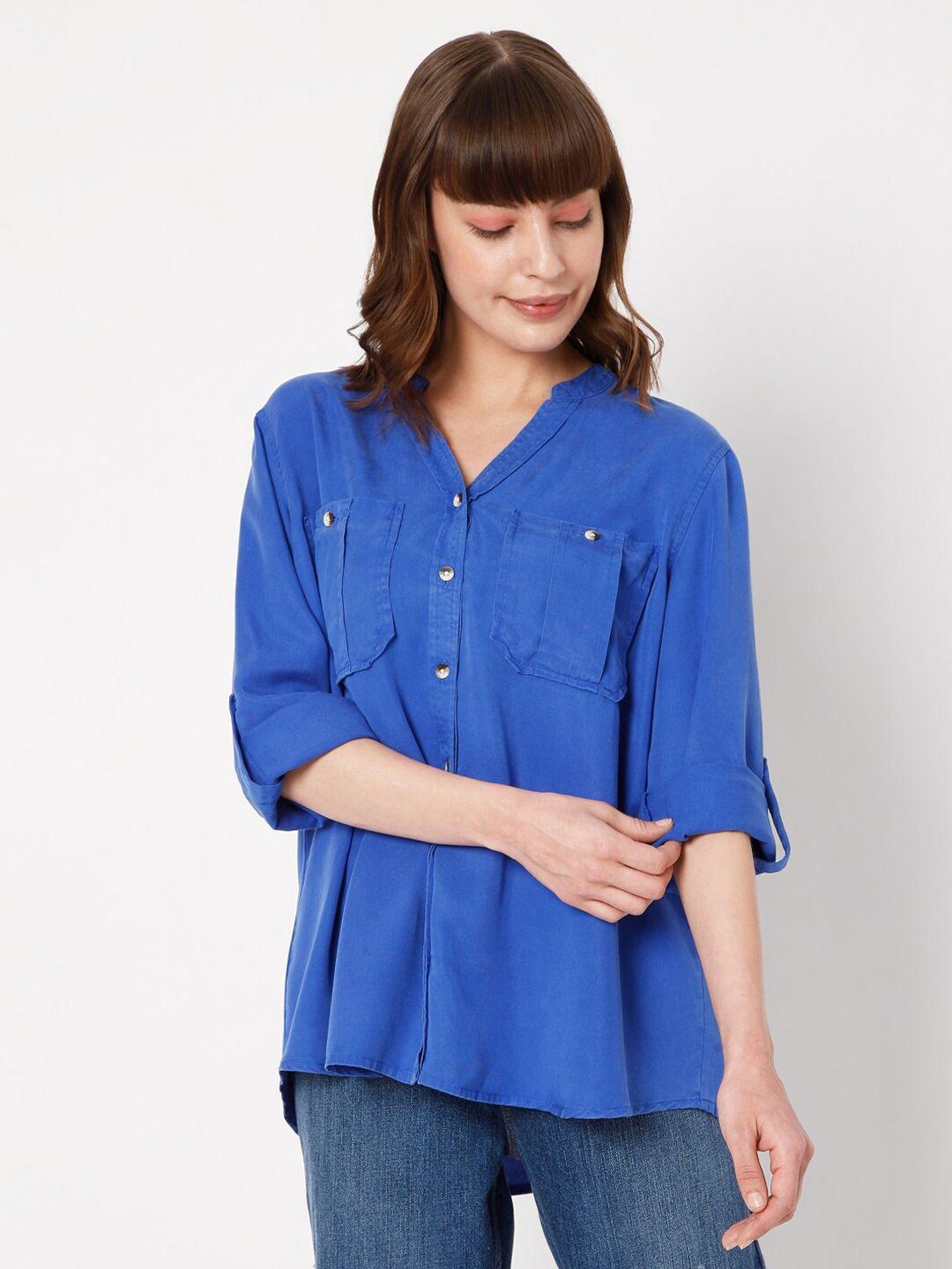 vero moda blue mandarin collar roll-up sleeves shirt style top