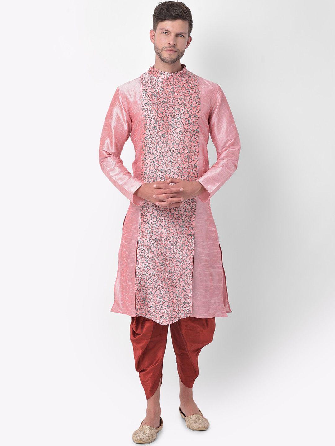 deyann men pink ethnic motifs printed regular dupion silk kurta with dhoti pants