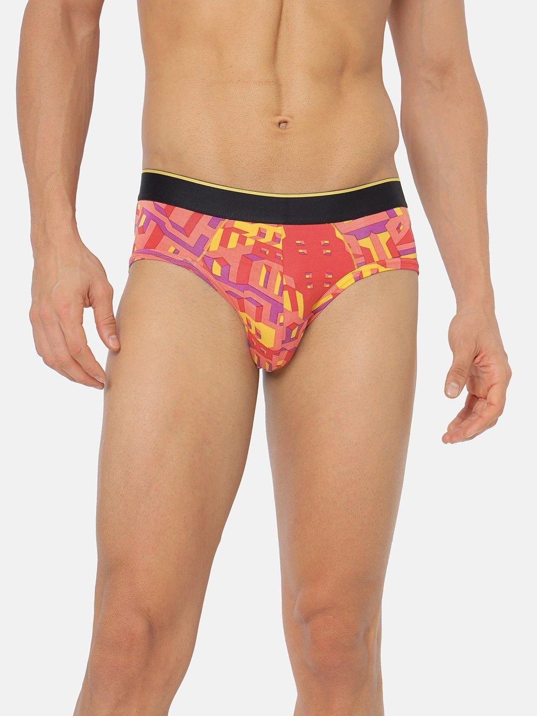 bummer men brick red & black printed modal mid-rise basic brief