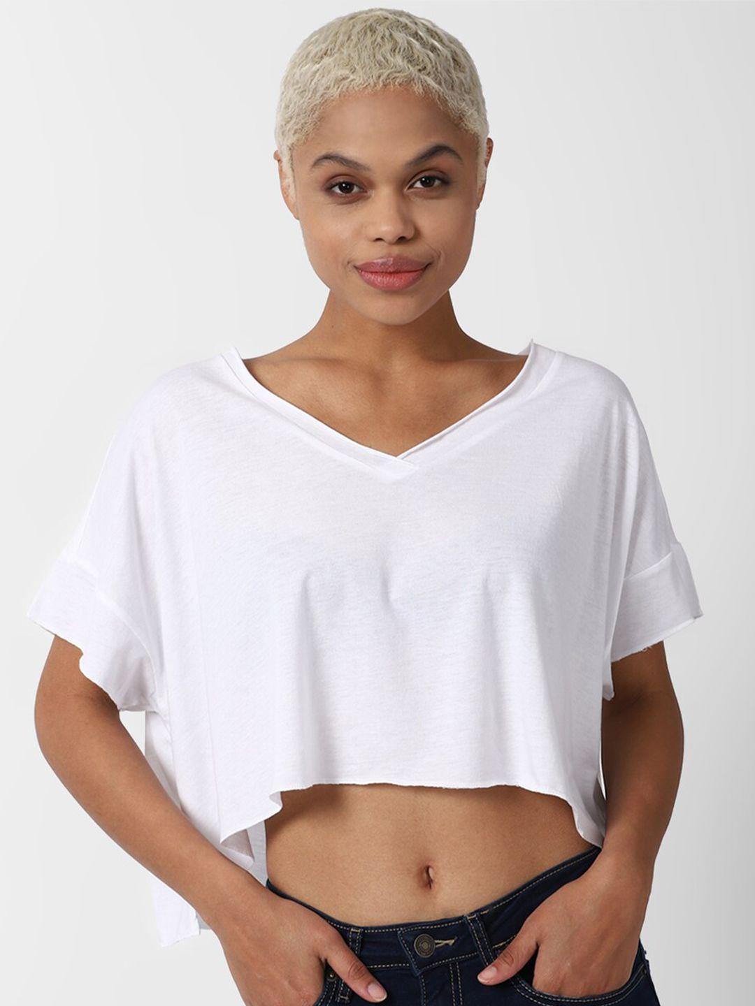 forever 21 women white solid v-neck boxy crop top