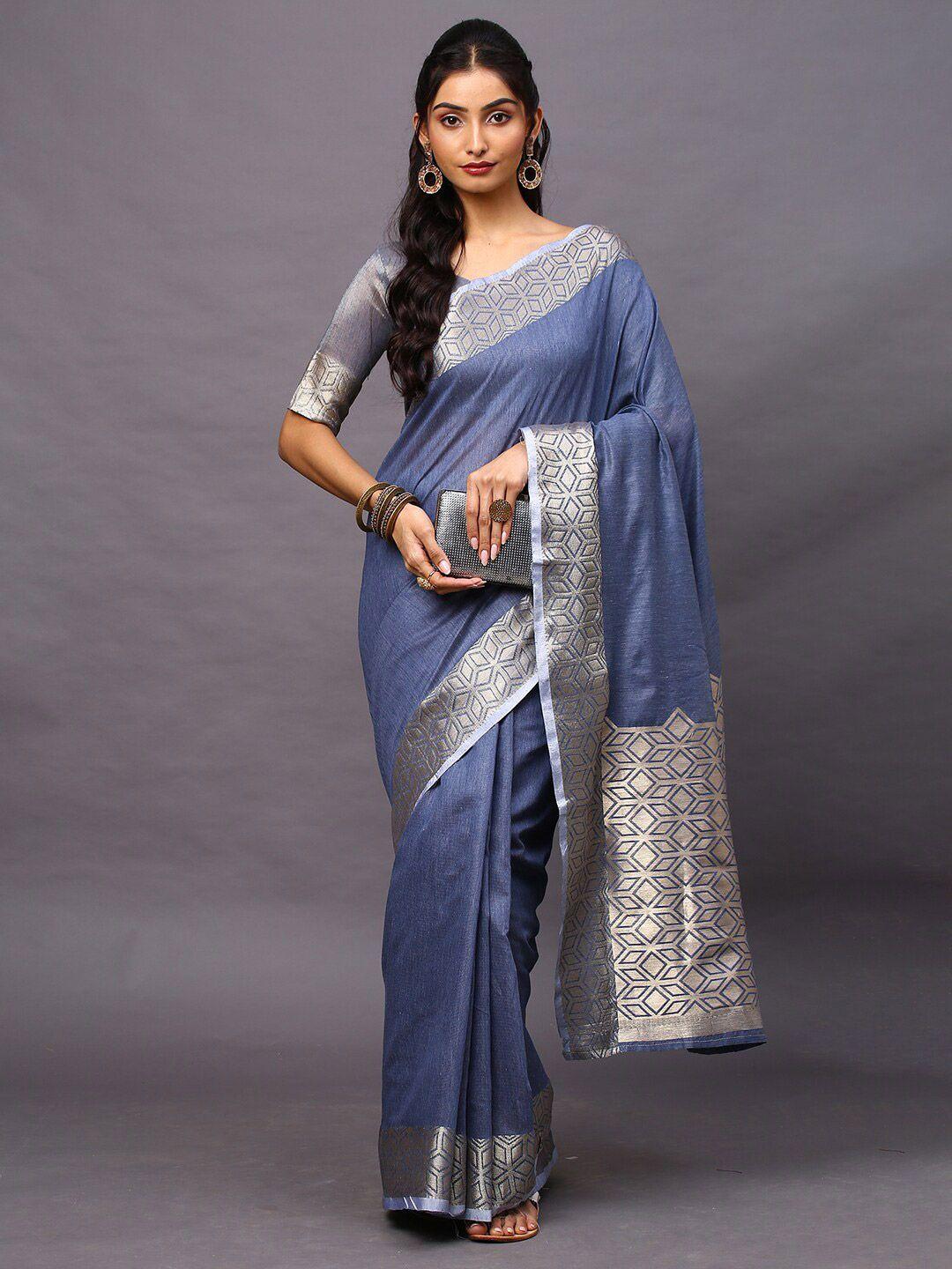 mitera blue & gold-toned linen blend taant saree