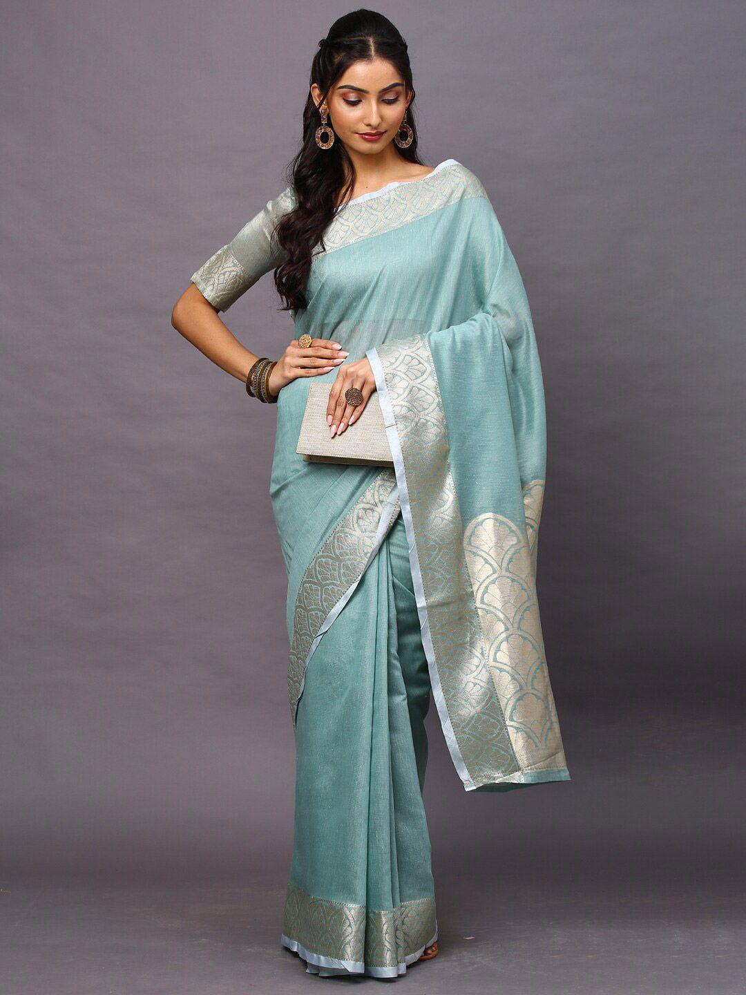 mitera sea green floral linen blend taant saree