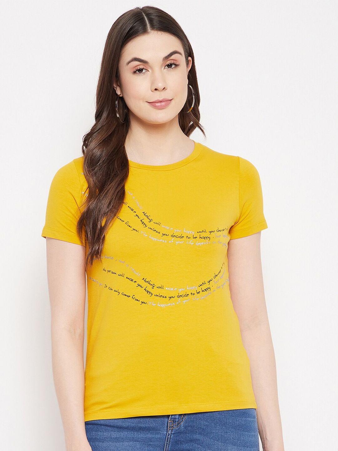 madame mustard yellow & black printed round neck cotton regular top