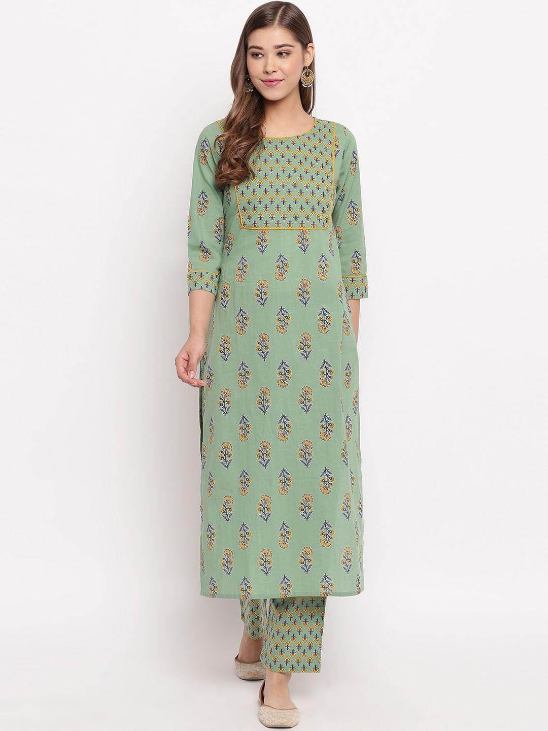 kalini women green floral printed pure cotton kurti with palazzos