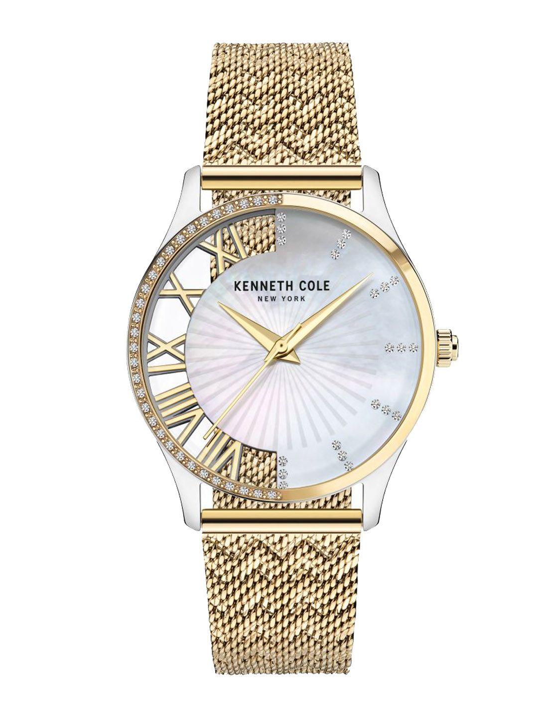 kenneth cole women cream-coloured dial & gold toned stainless steel wrap around straps analogue watch