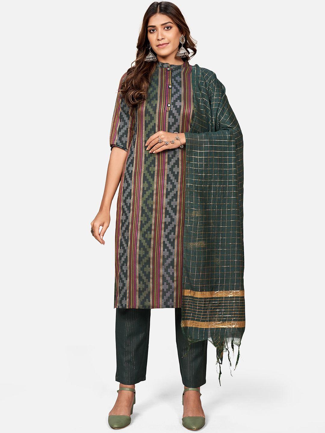 kalini green striped pure cotton straight kurta with trousers & dupatta