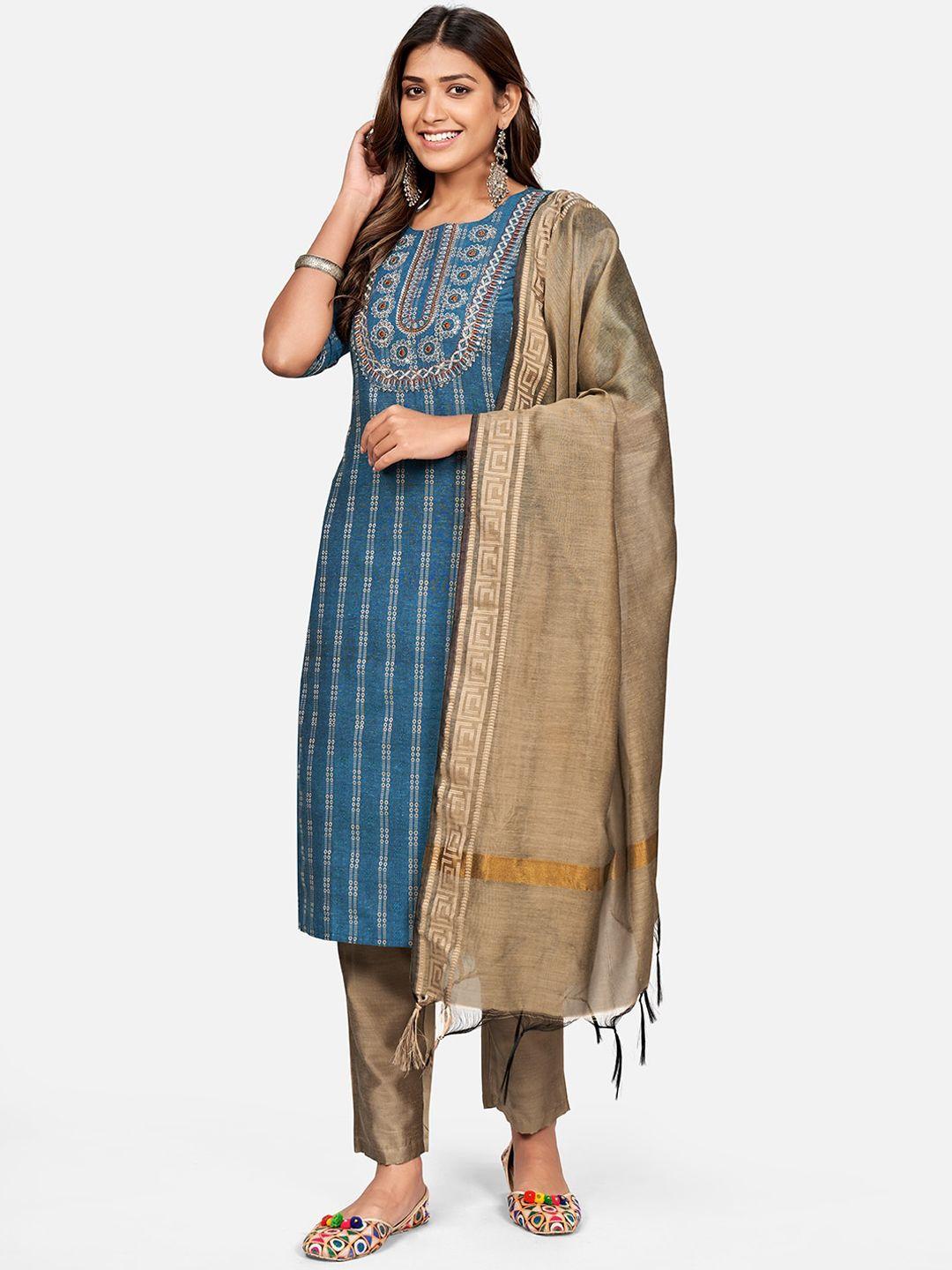 kalini women turquoise blue ethnic motifs striped thread work pure cotton kurta with trousers & with dupatta