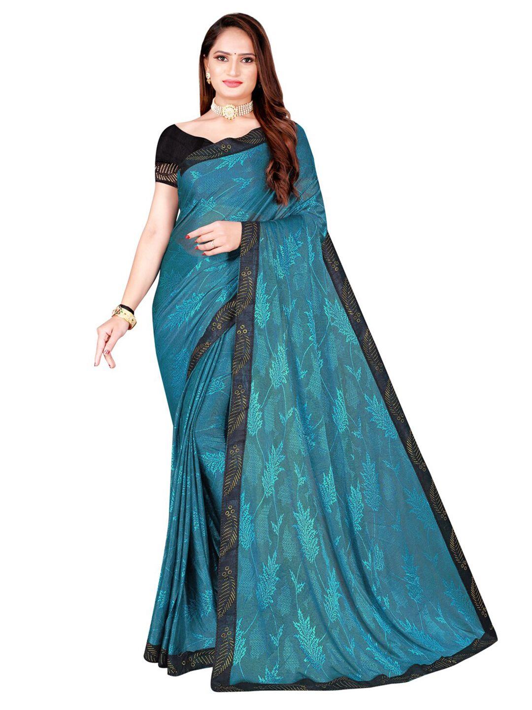 florence teal blue & black floral beads and stones art silk saree