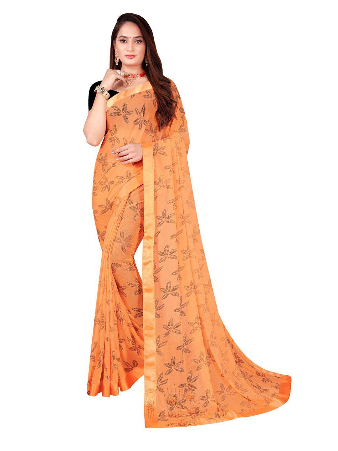 florence orange floral lycra  saree