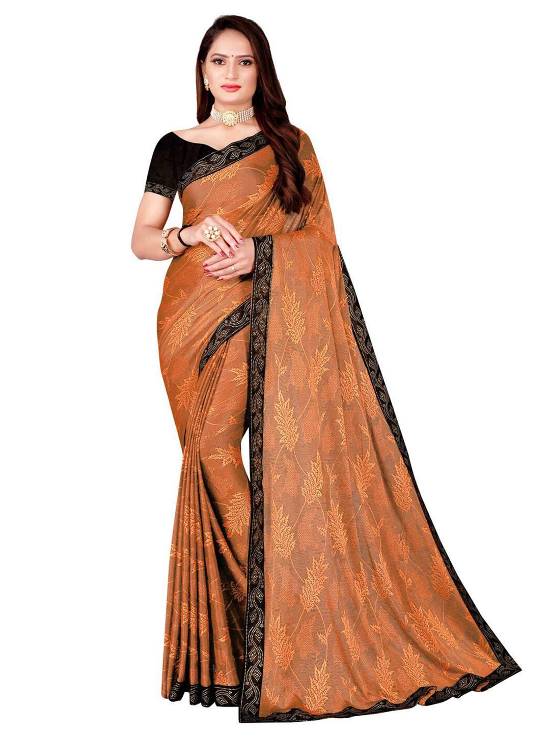 florence orange & black floral art silk saree