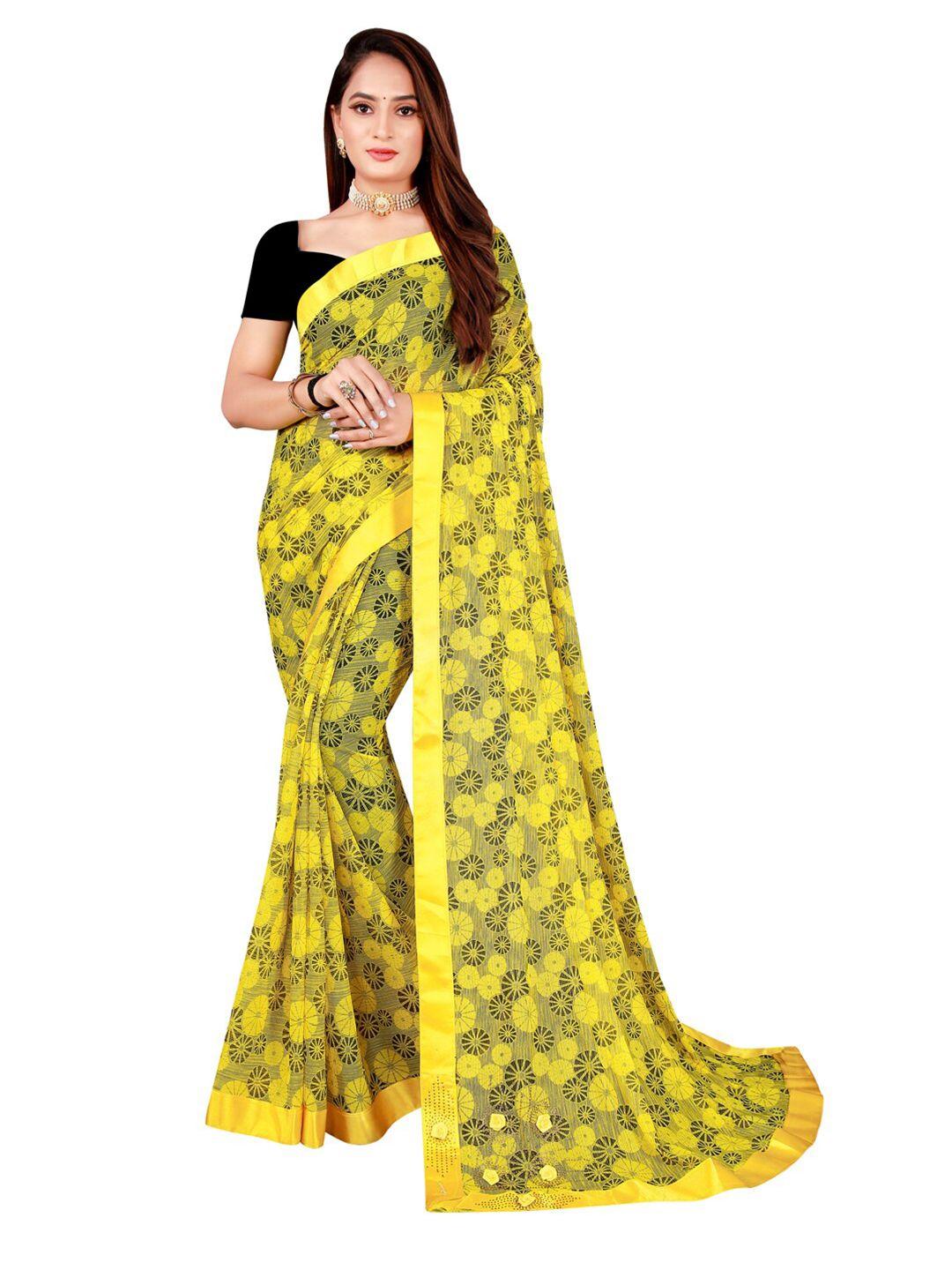 florence yellow & black floral art silk saree