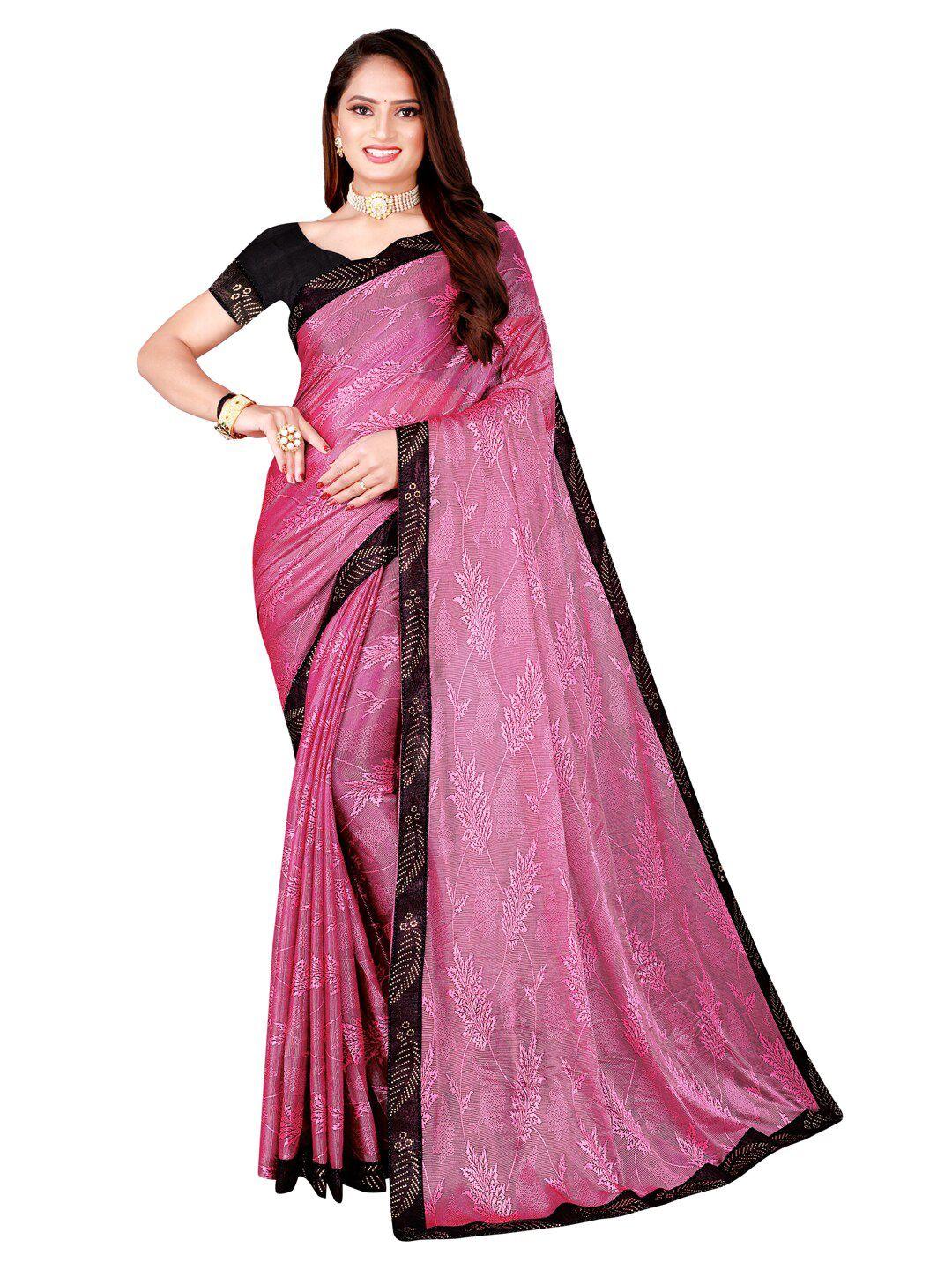 florence pink & black floral art silk saree