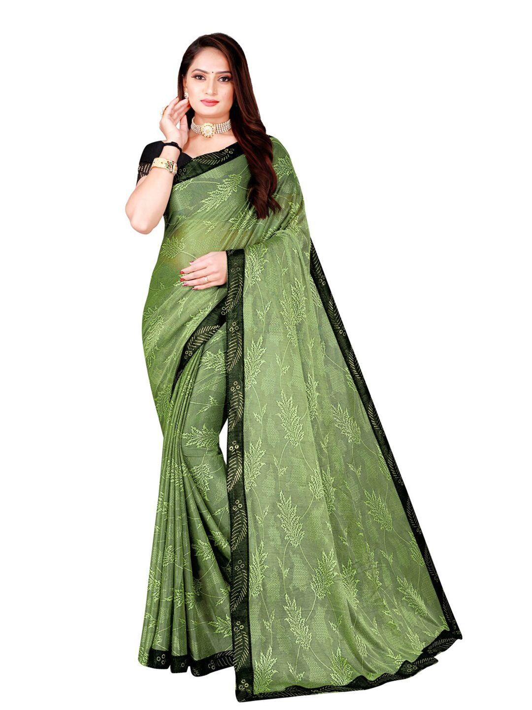 florence olive green & black floral art silk saree