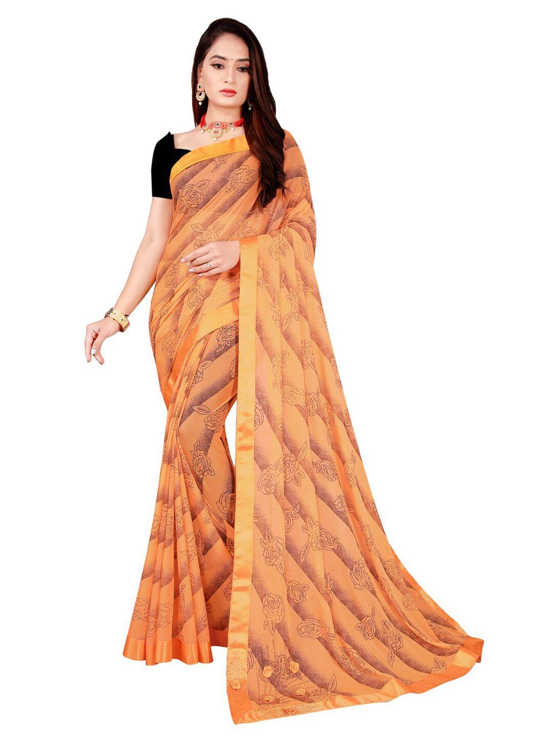 florence orange & black floral art silk saree