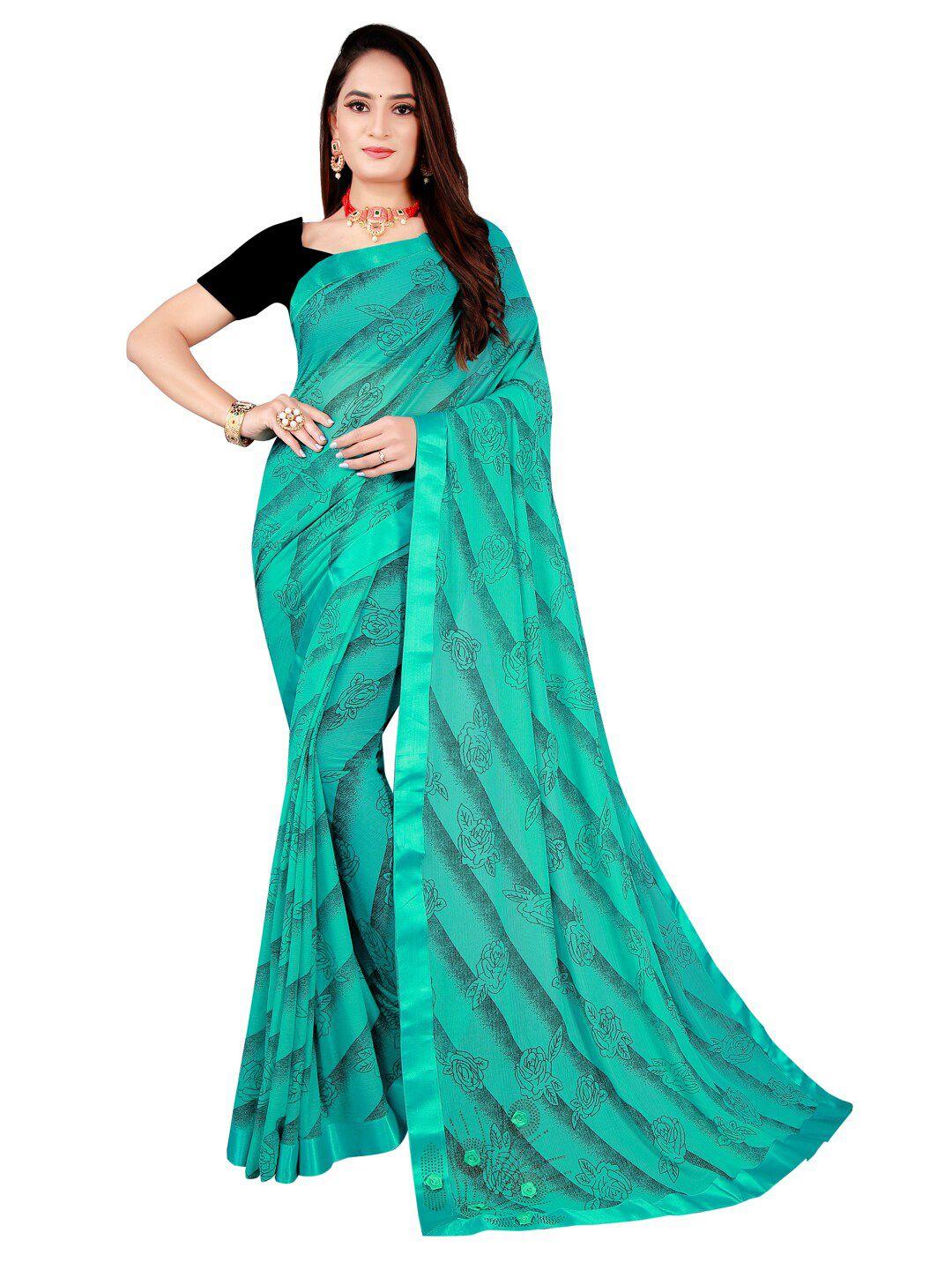 florence sea green & black floral art silk saree