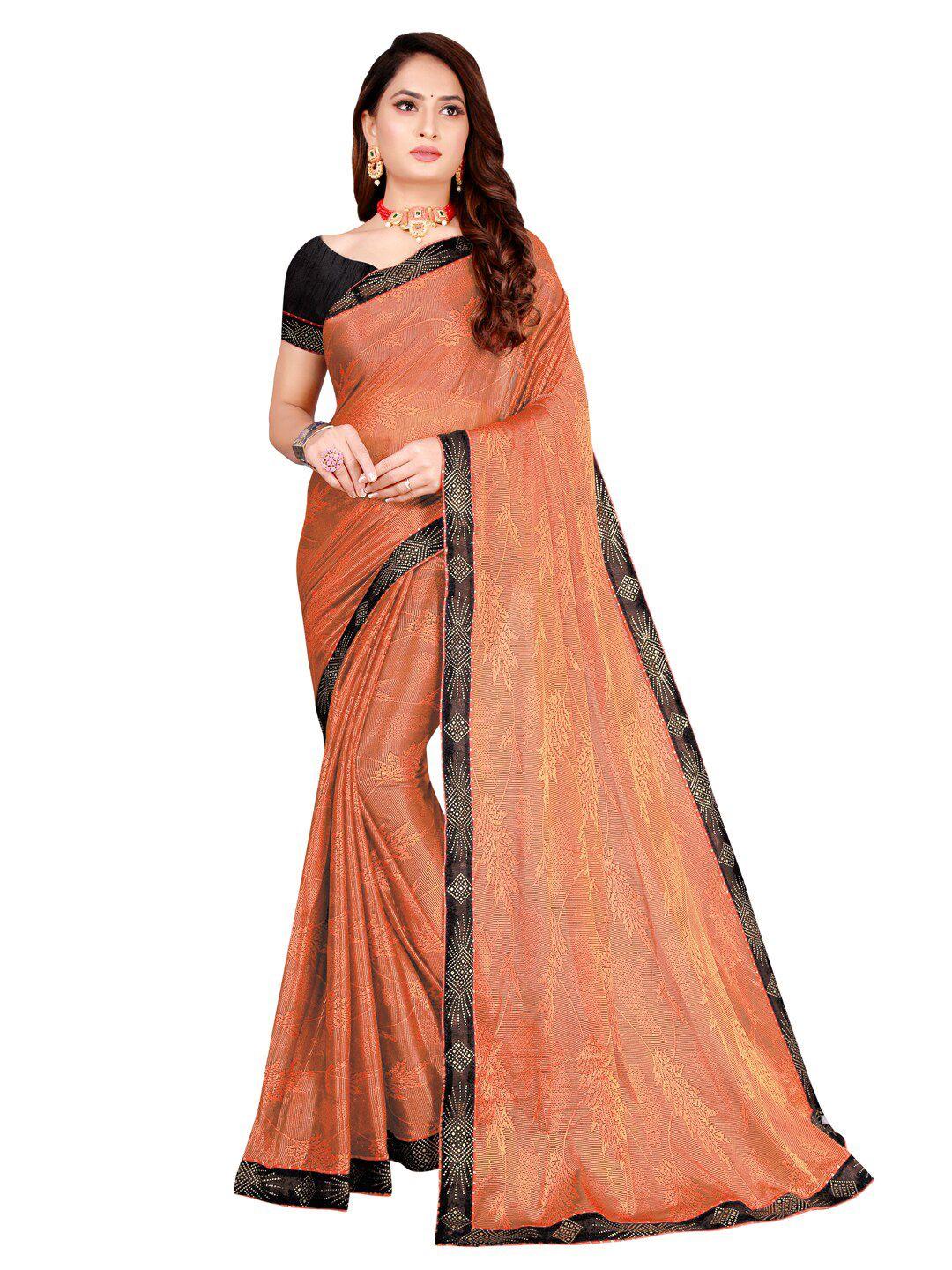 florence orange & black floral art silk saree