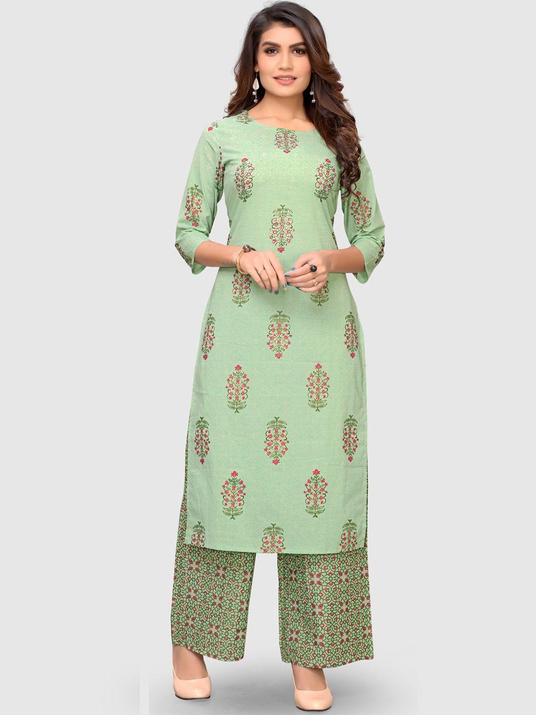 kalini women green ethnic motifs printed pure cotton kurta with palazzos