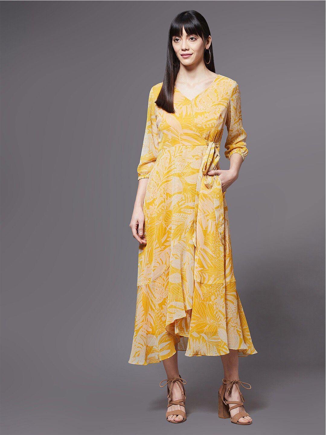 miss chase yellow floral chiffon midi dress