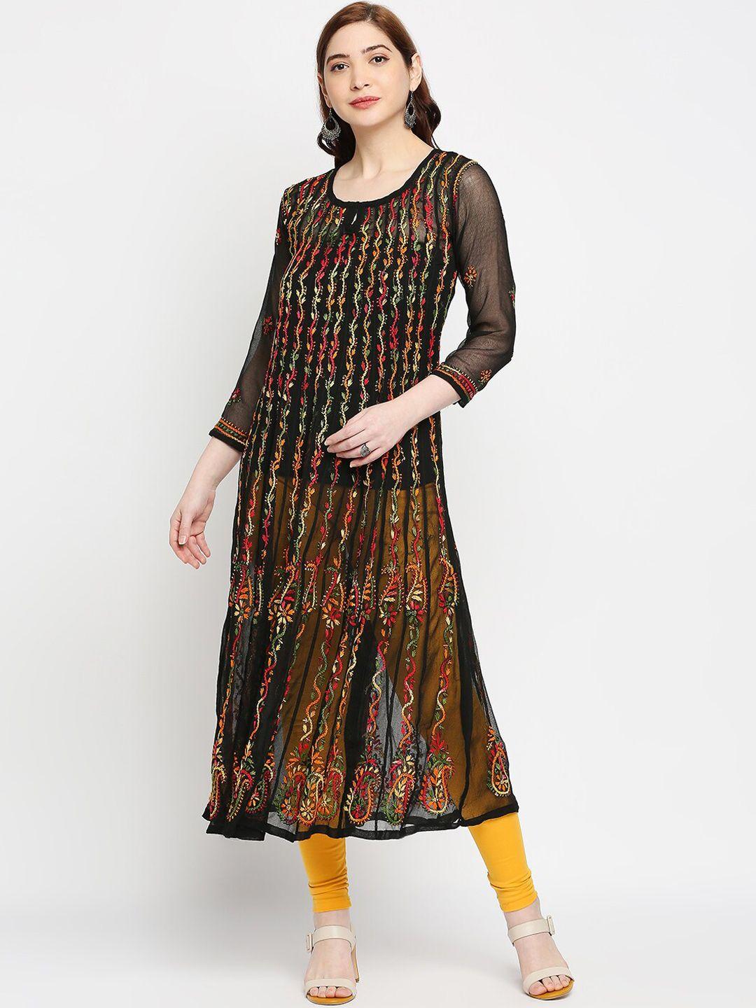 indiankala4u women black & yellow hand  embroidered chikankari georgette anarkali kurta