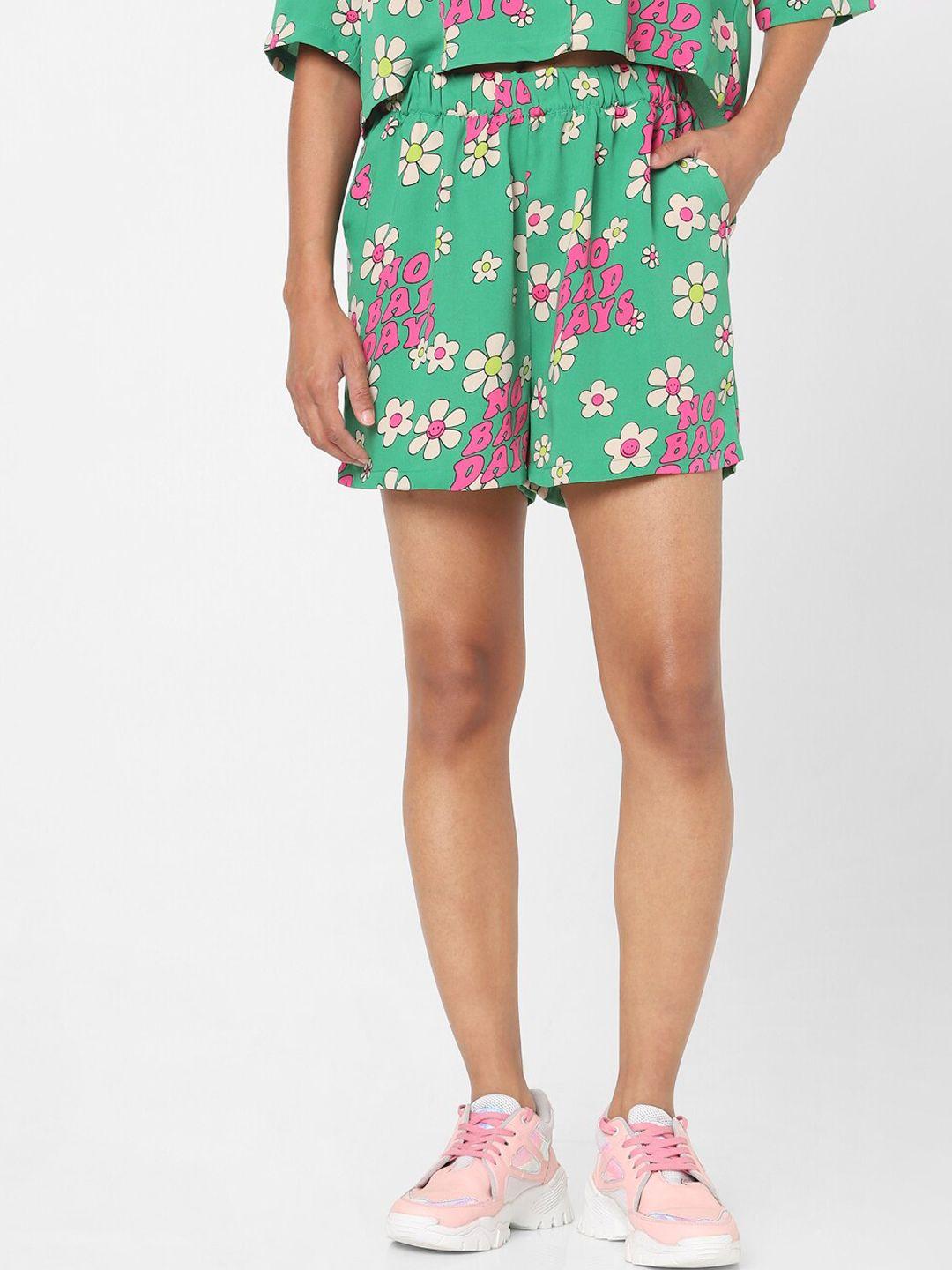 only women green & pink floral printed high-rise shorts