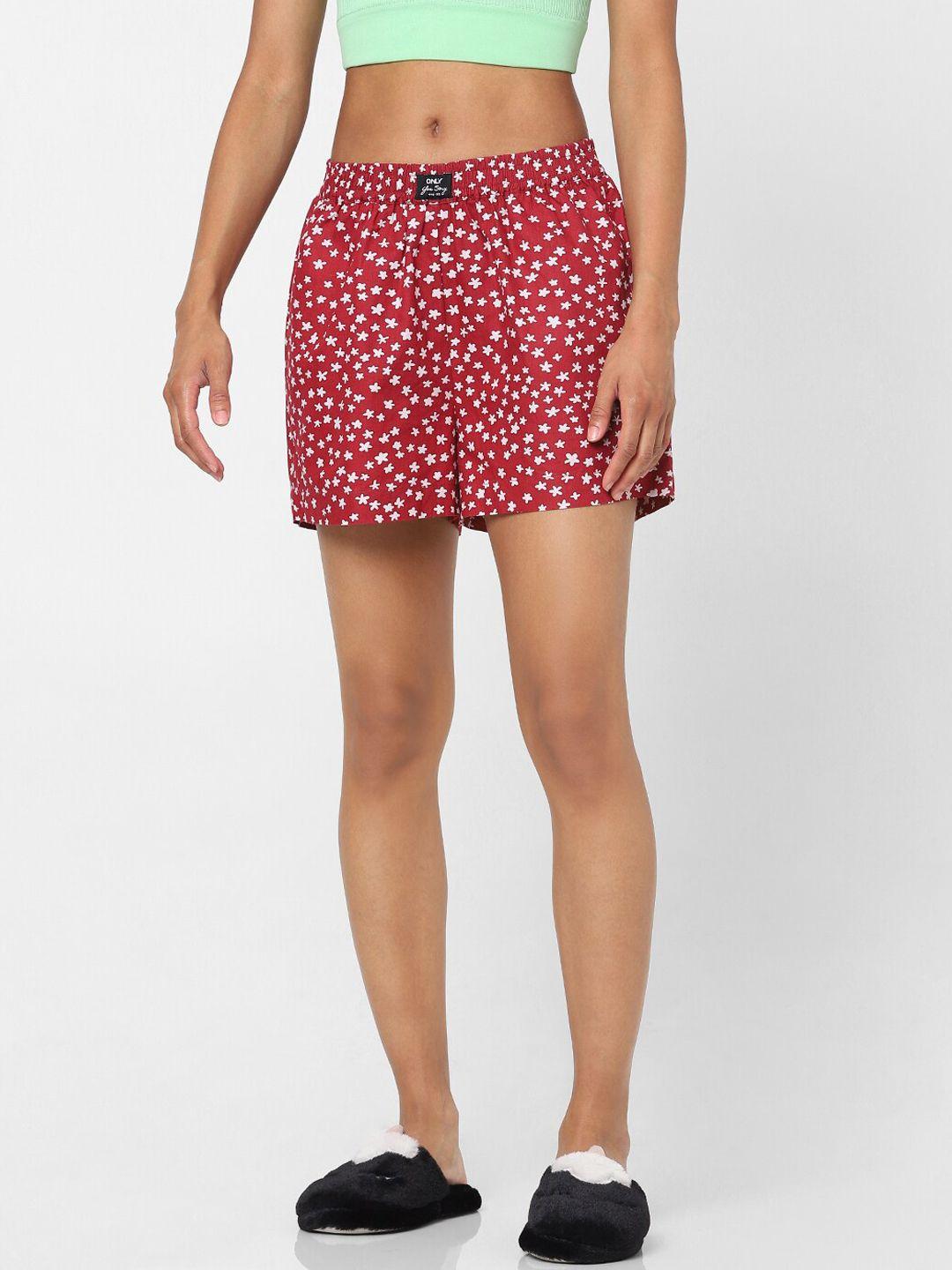 only women red printed cotton shorts