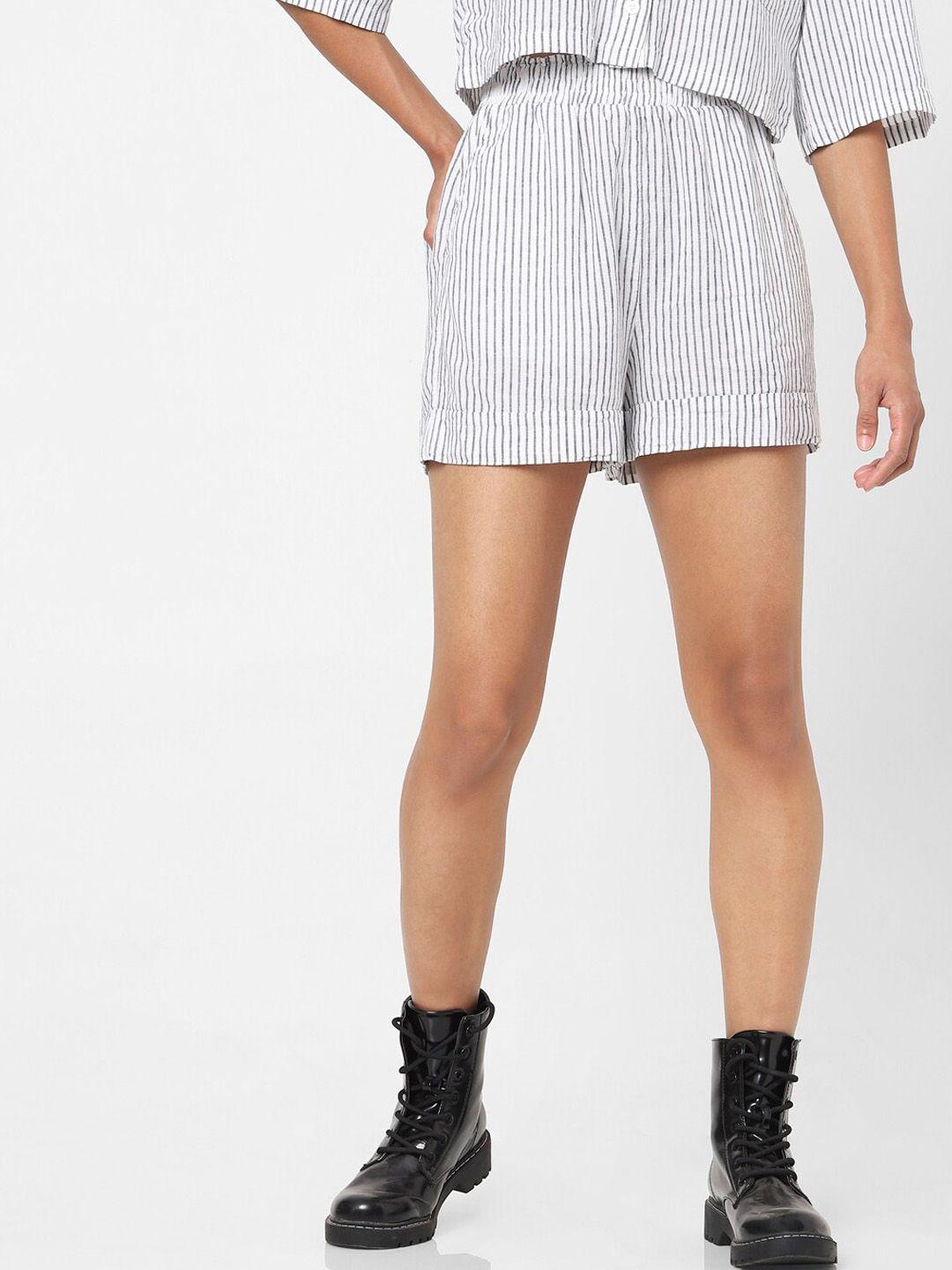 only women white striped high-rise linen shorts