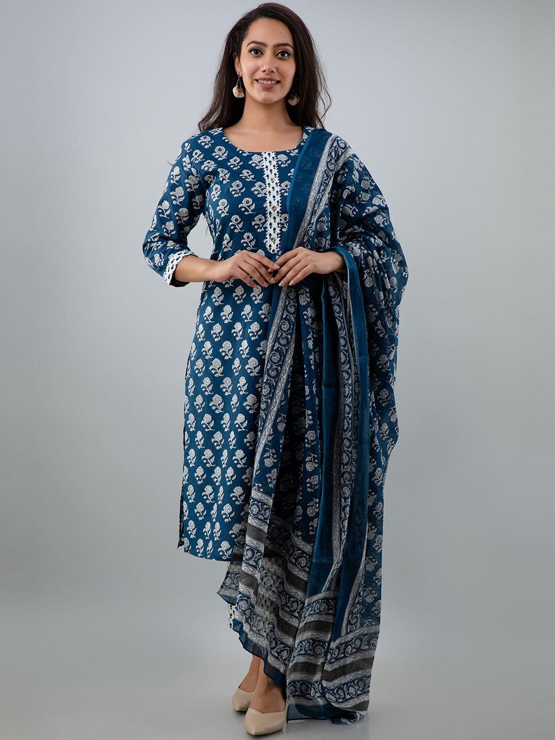 kalini women blue floral printed gotta patti pure cotton kurta with trousers & with dupatta