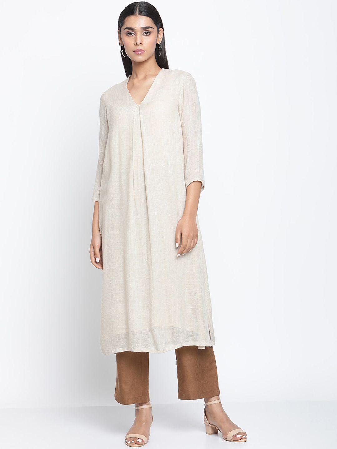 truebrowns women beige pleated linen kurta with trousers