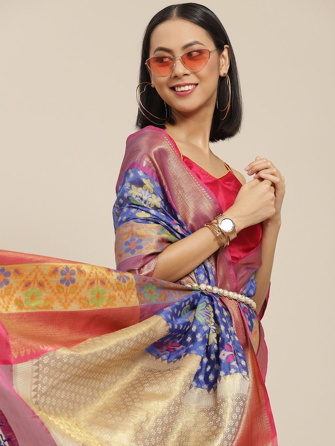 silk land blue & fuchsia floral pure silk ikat saree