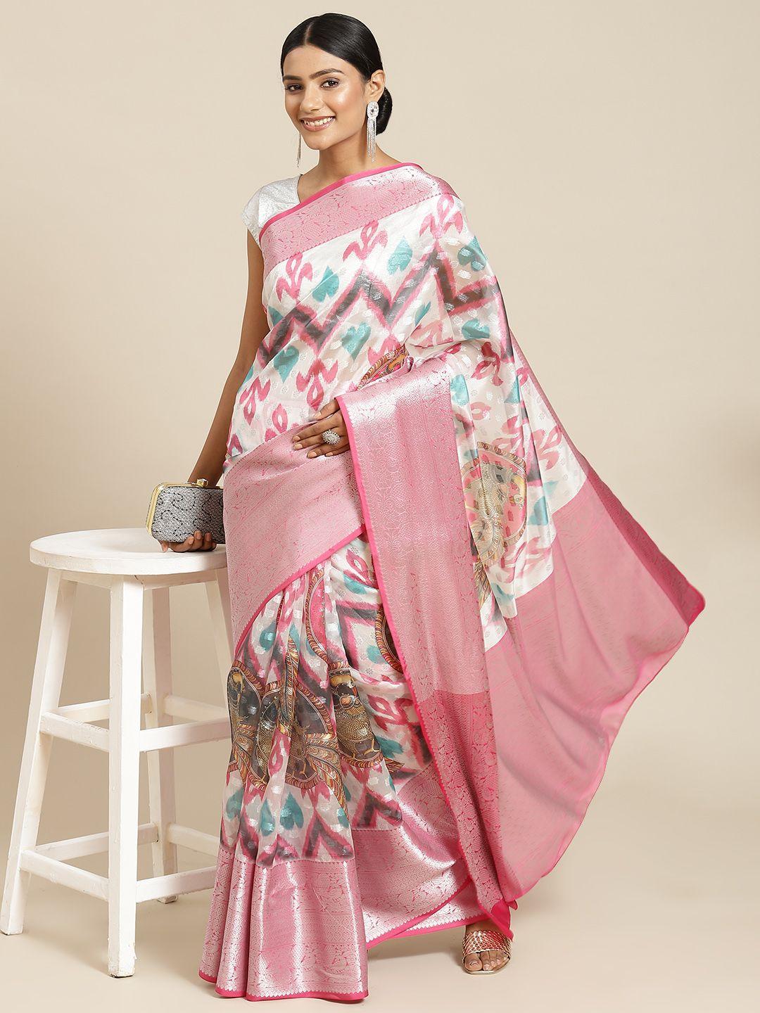 silk land white & pink ethnic motifs zari pure silk kanjeevaram saree