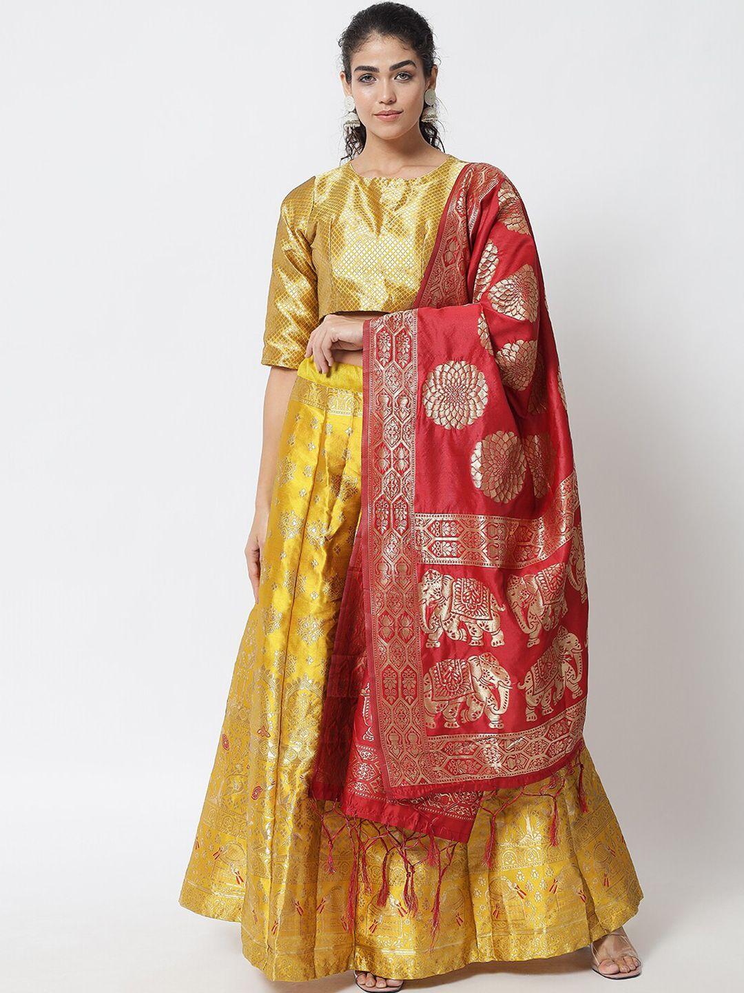 divastri yellow & red banarasi silk ready to wear lehenga & unstitched blouse with dupatta