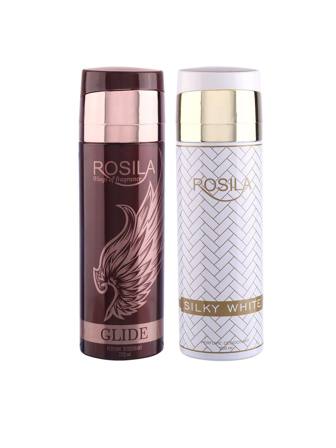 rosila set of silky white & glide perfume deodorant body spray 200 ml each