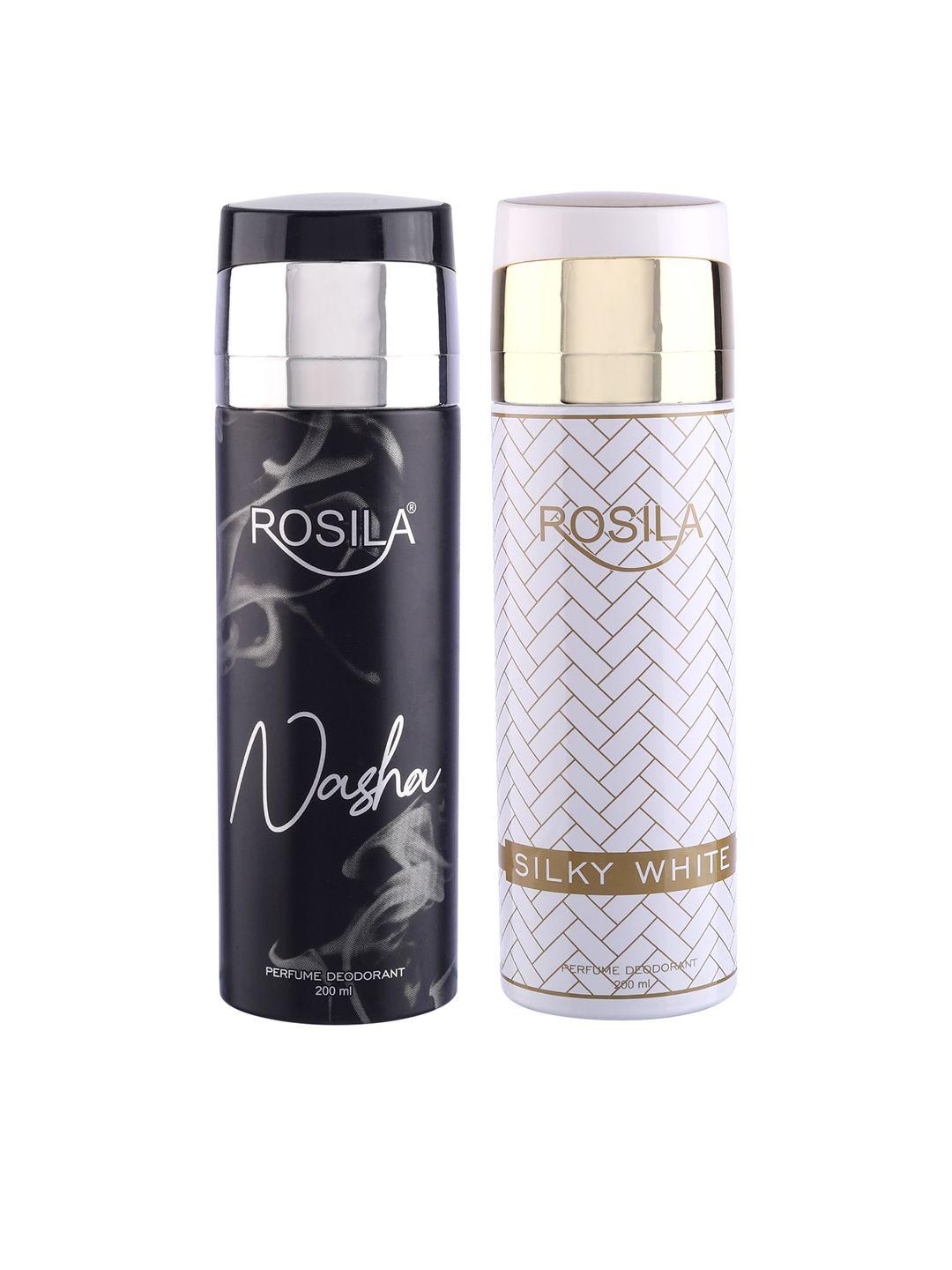 rosila set of silky white & nasha perfume deodorant body spray 200 ml each