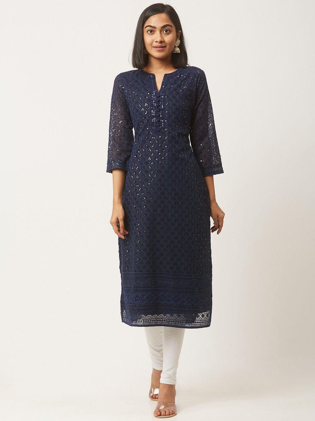 zola women navy blue ethnic motifs georgette kurta