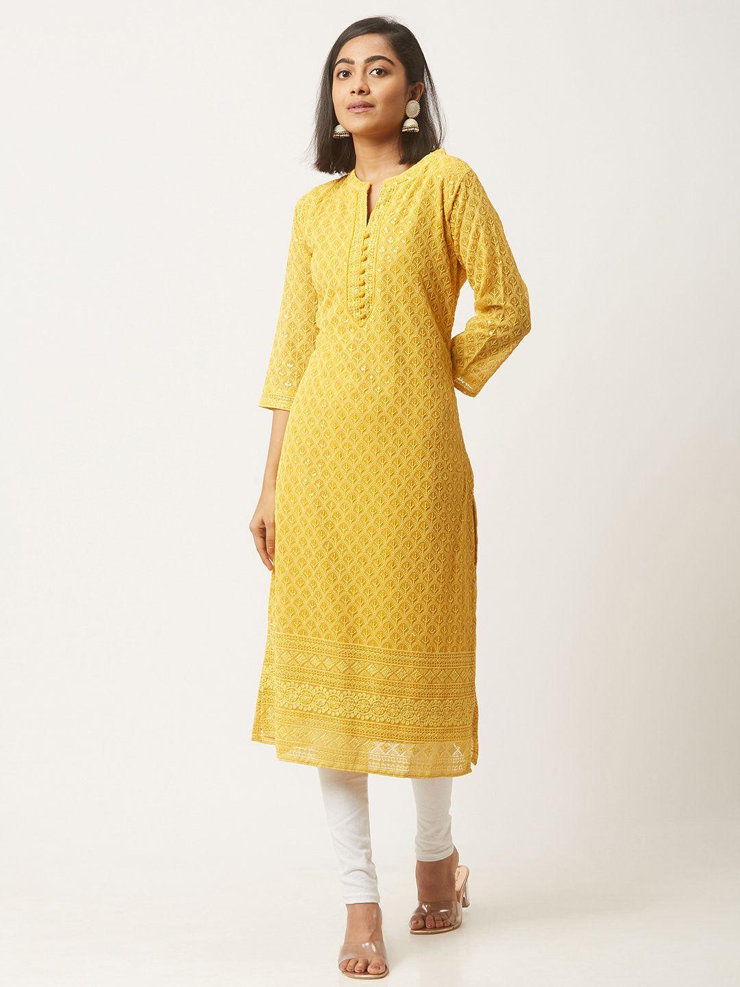 zola women mustard yellow ethnic motifs embroidered chikankari georgette kurta