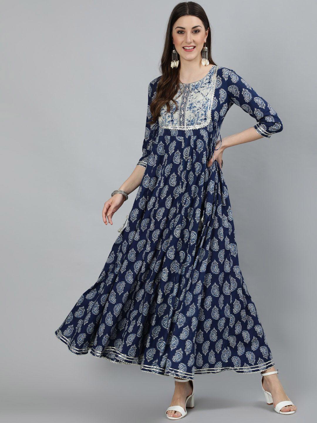 kimayra women navy blue & white paisley printed anarkali kurta