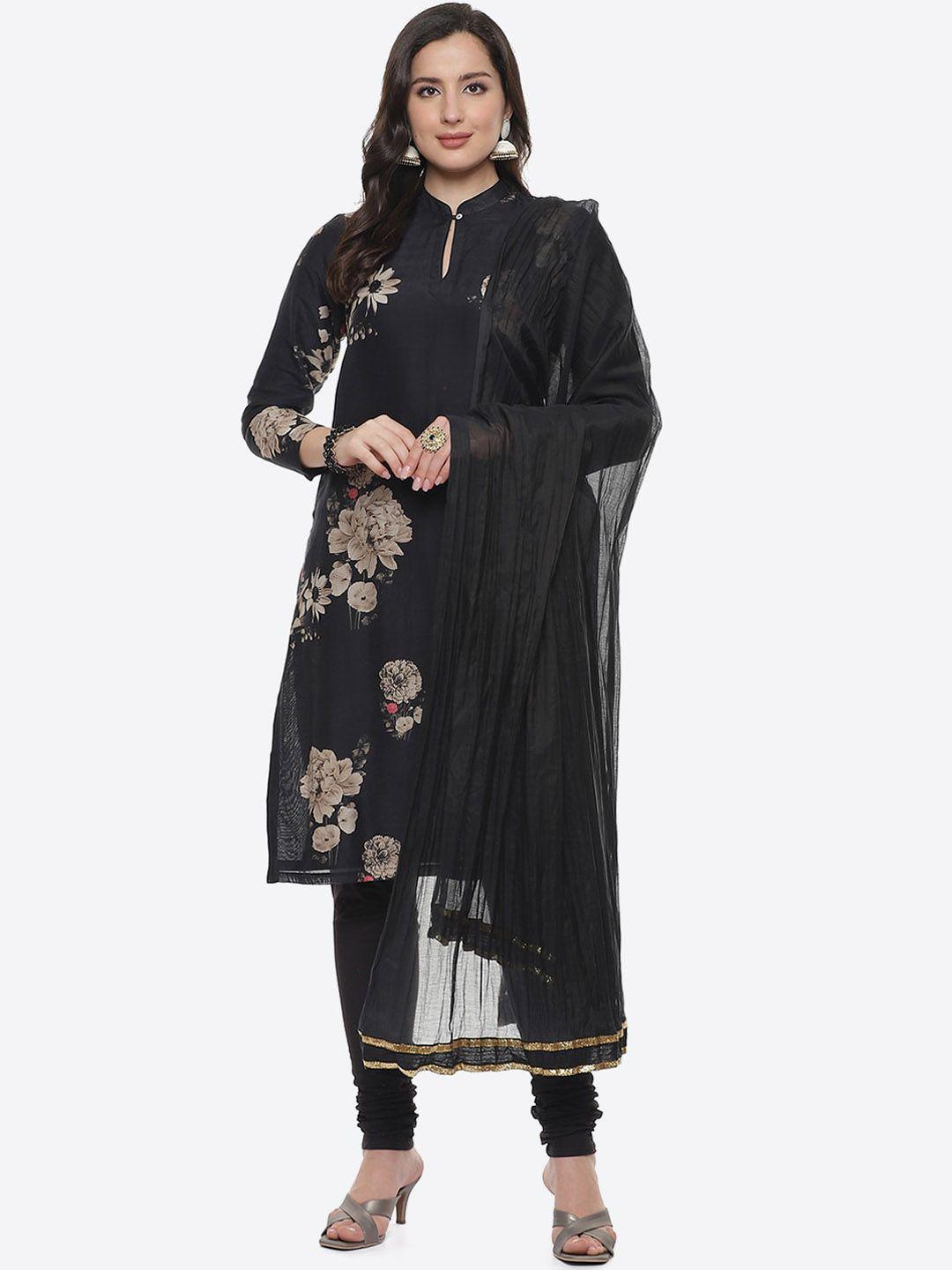 biba by rohit bal women black floral printed chanderi silk kurta set with dupatta