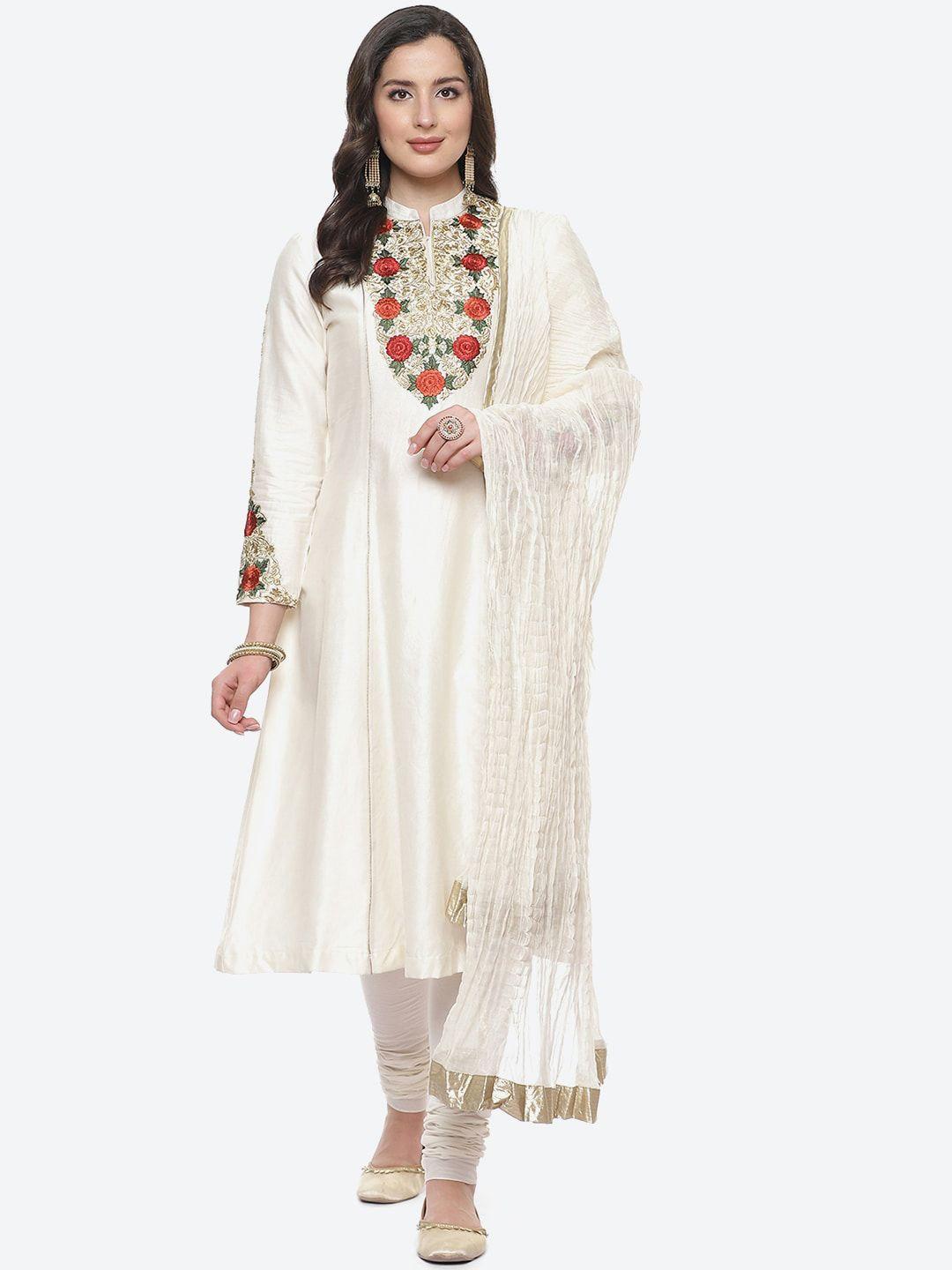 biba by rohit bal women off white floral embroidered chanderi silk kurta set with dupatta