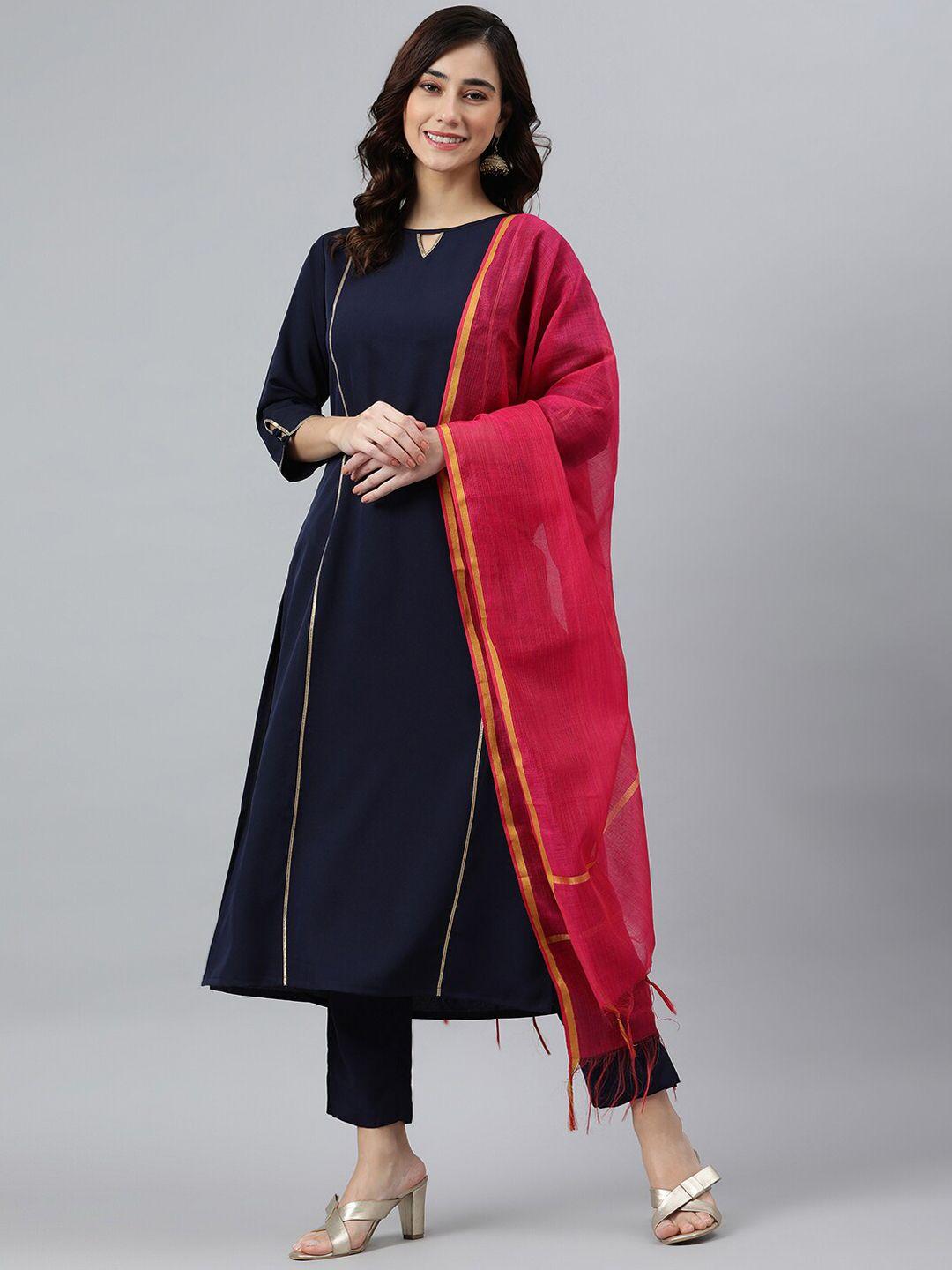 janasya women navy blue poly crepe solid kurta with pant and dupatta