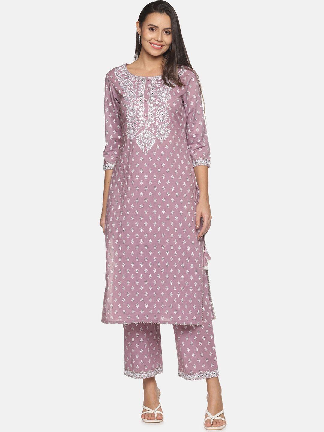 palakh women purple ethnic motifs printed pure cotton kurta with trousers