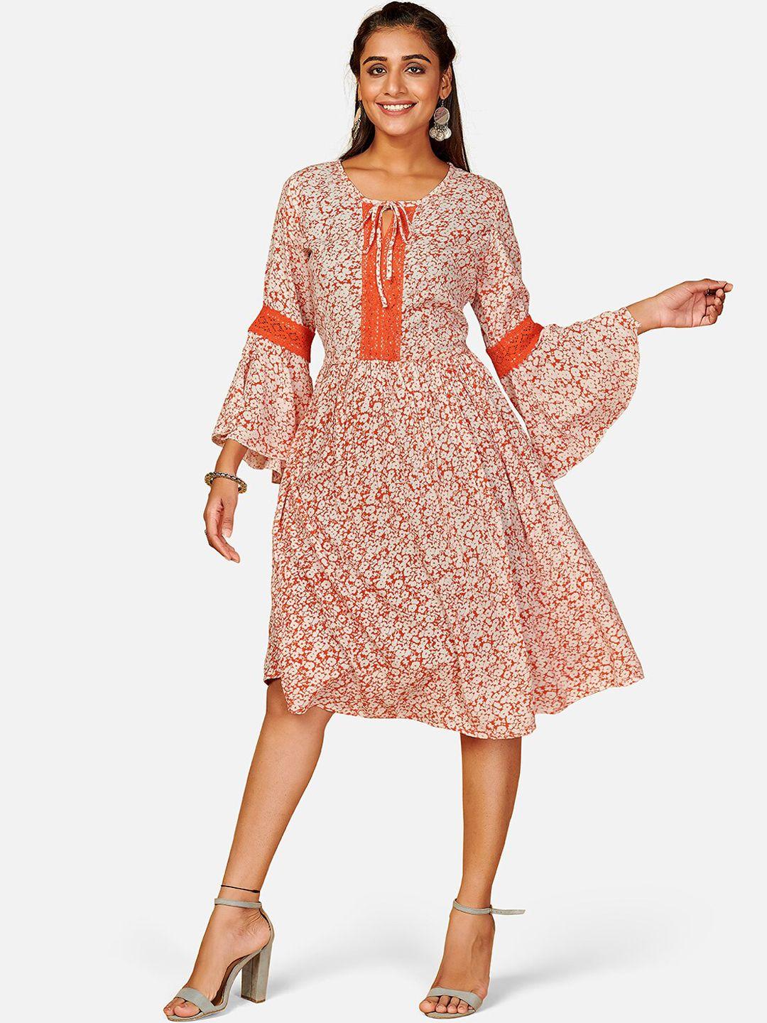 kalini orange & white floral tie-up neck ethnic dress