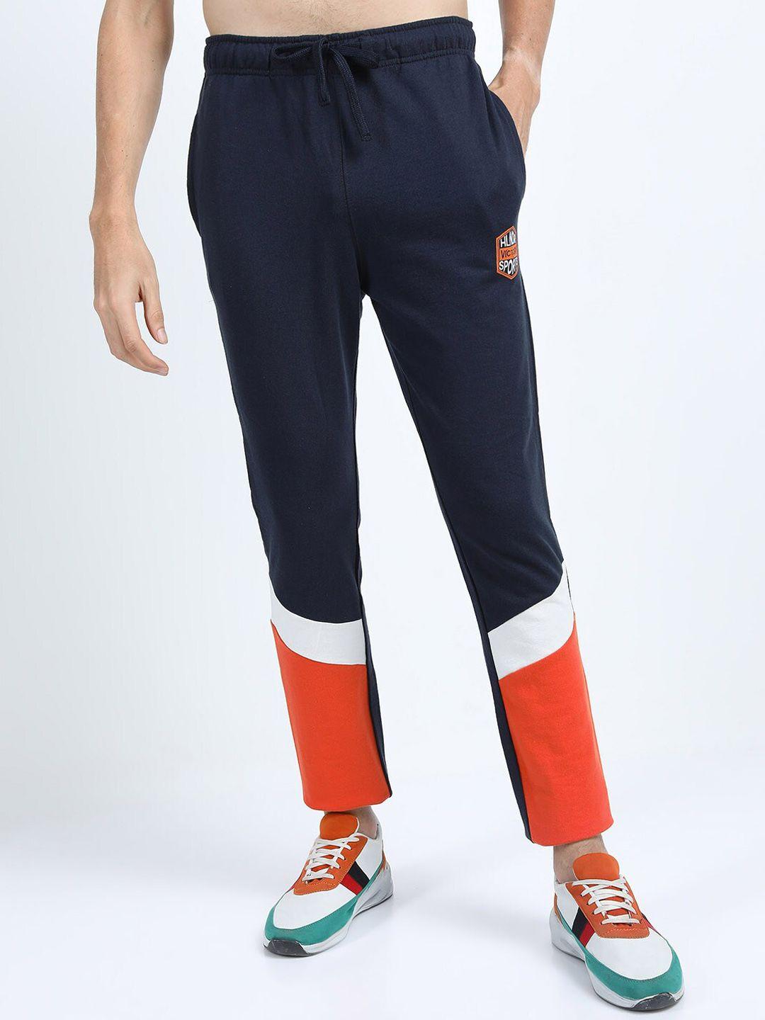 highlander men navy blue colourblocked slim-fit track pants